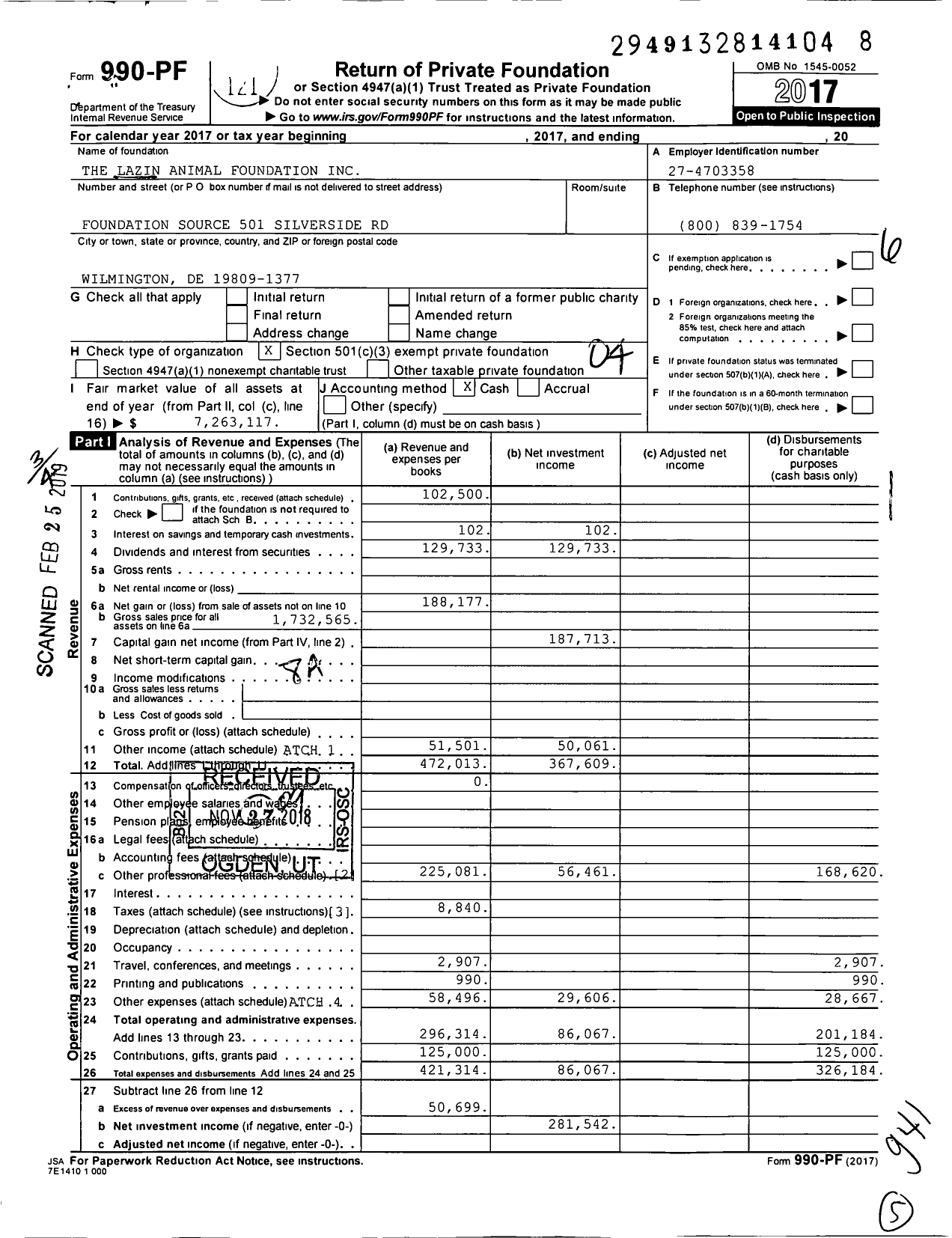 Image of first page of 2017 Form 990PF for The Lazin Animal Foundation