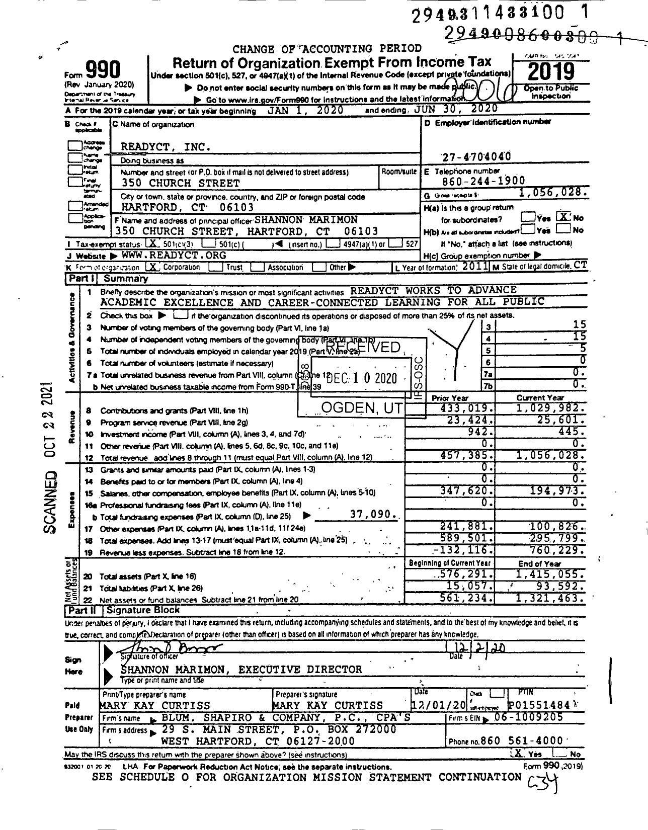 Image of first page of 2019 Form 990 for Readyct