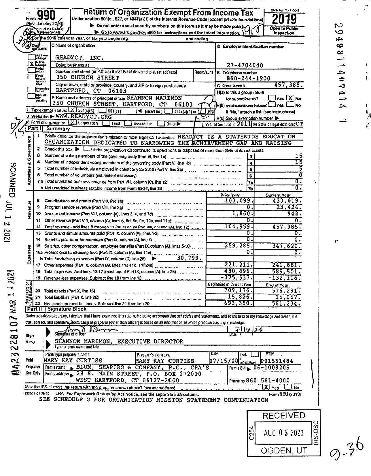 Image of first page of 2019 Form 990 for Readyct