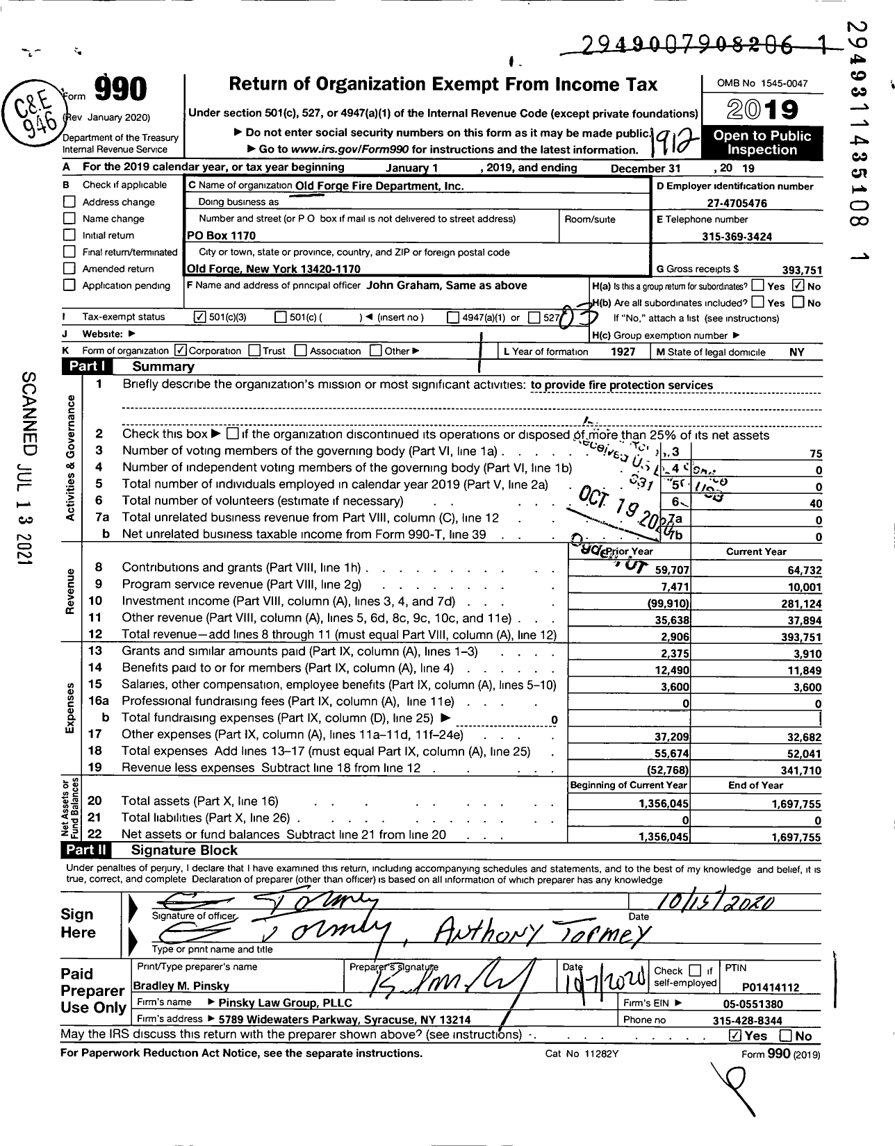 Image of first page of 2019 Form 990 for Old Forge Volunteer Fire Department