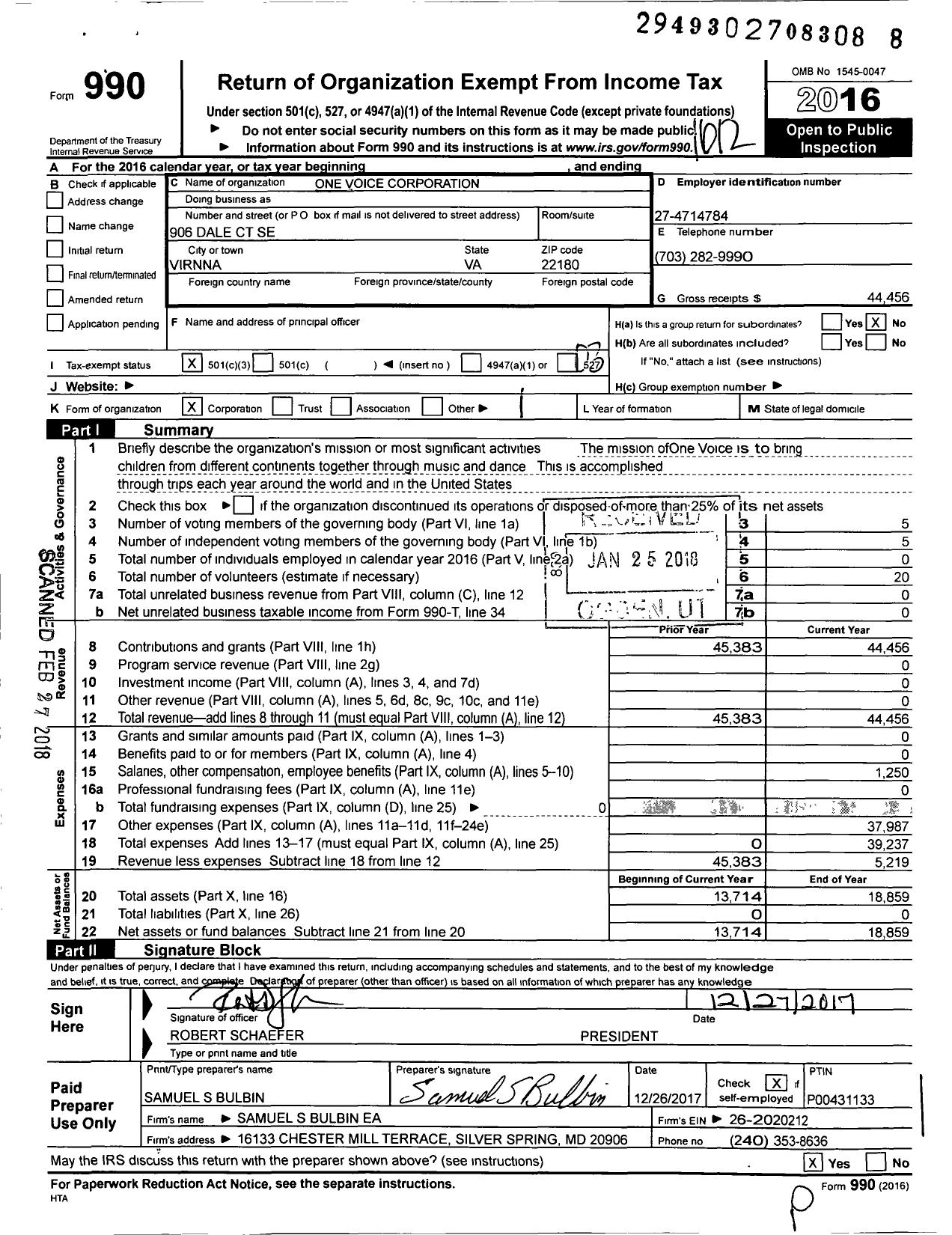 Image of first page of 2016 Form 990 for One Voice Corporation