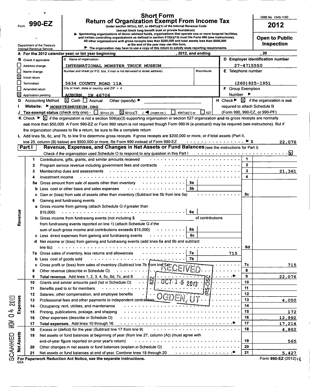 Image of first page of 2012 Form 990EO for International Monster Truck Museum and Hall of Fame