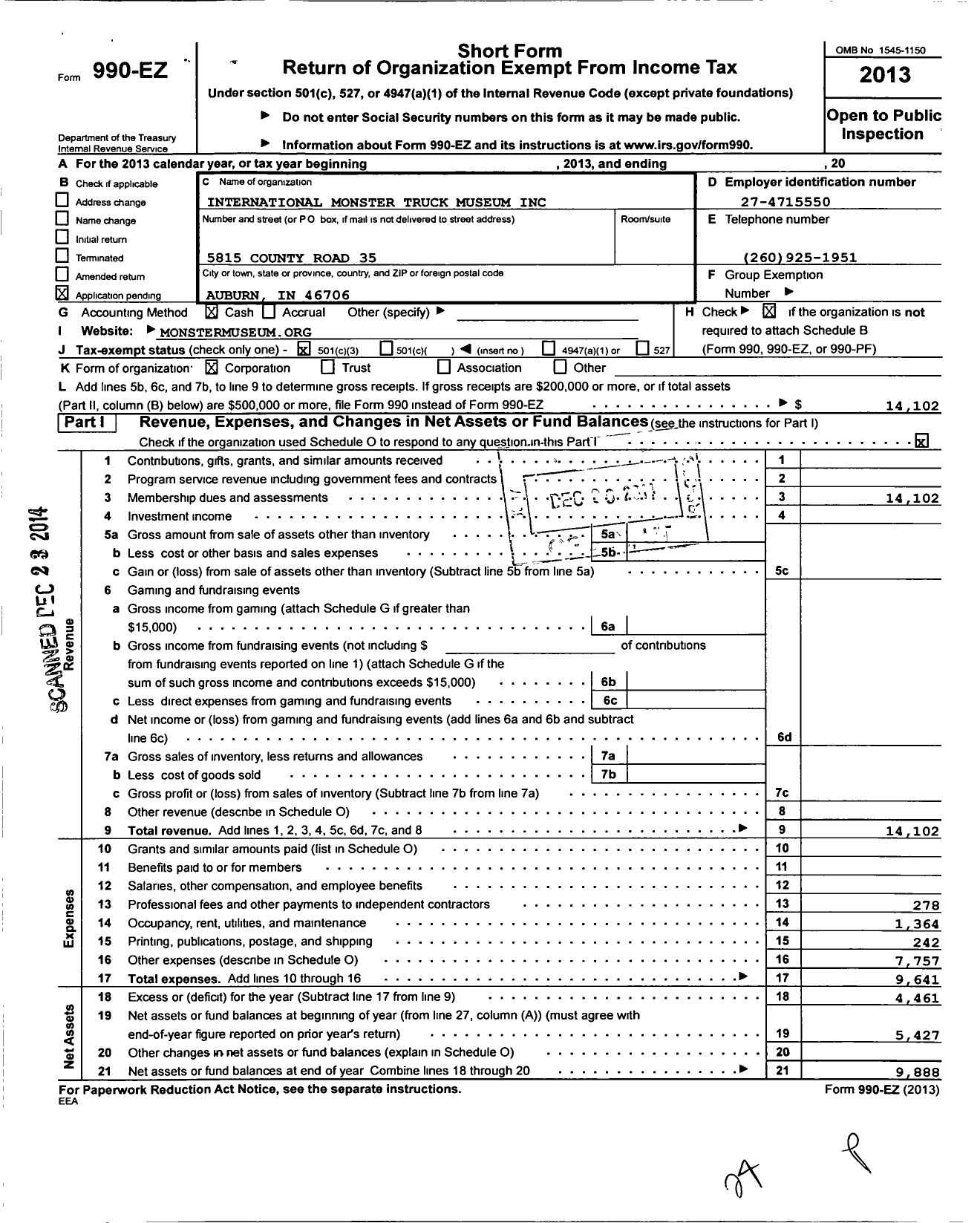 Image of first page of 2013 Form 990EZ for International Monster Truck Museum and Hall of Fame