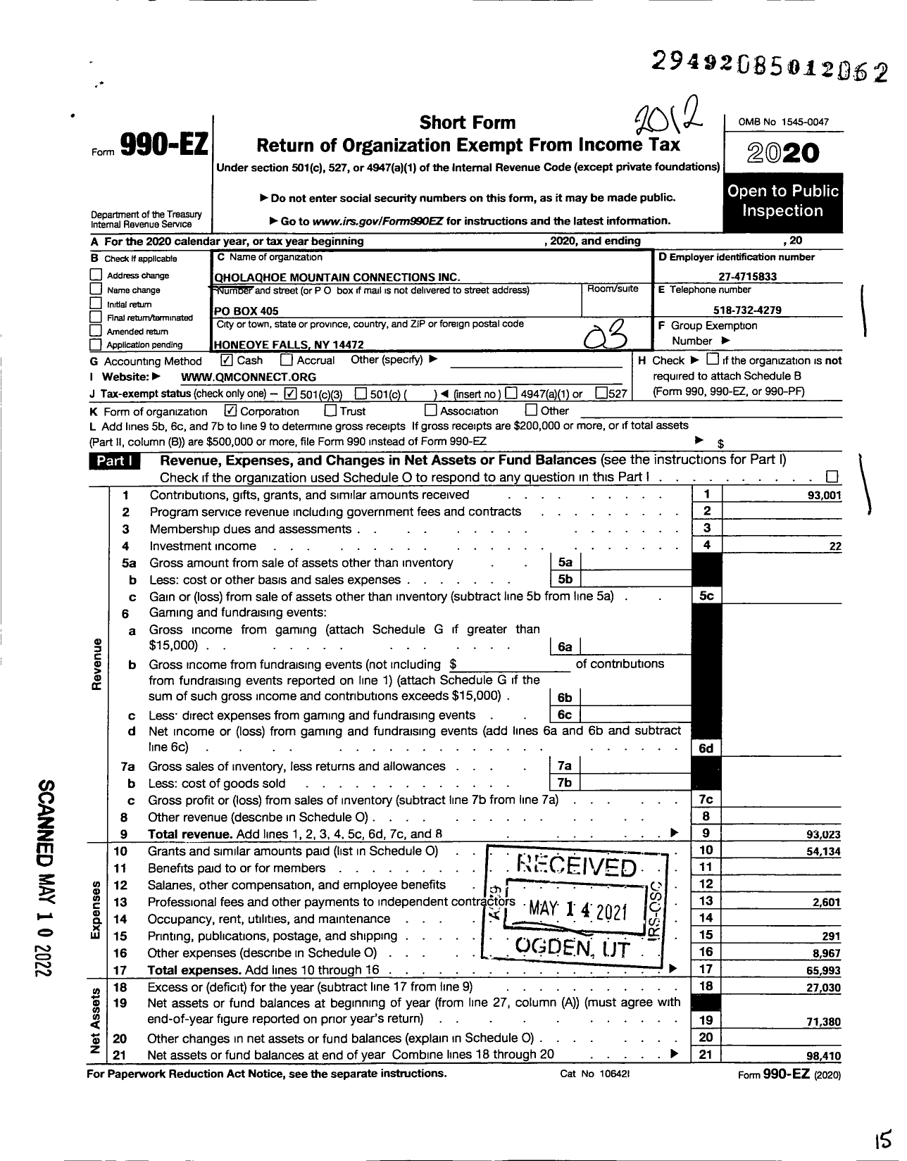 Image of first page of 2020 Form 990EZ for Qholaqhoe Mountain Connections