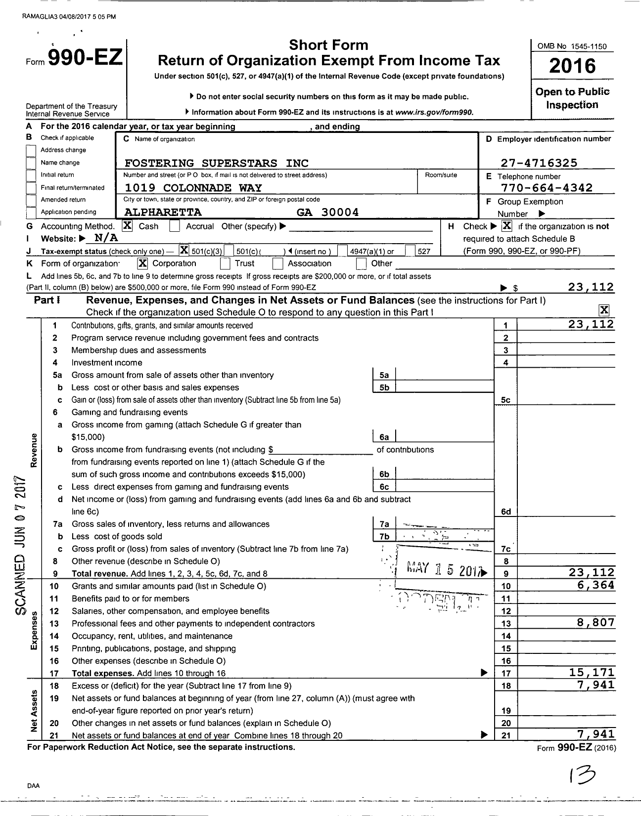 Image of first page of 2016 Form 990EZ for Fostering Superstars