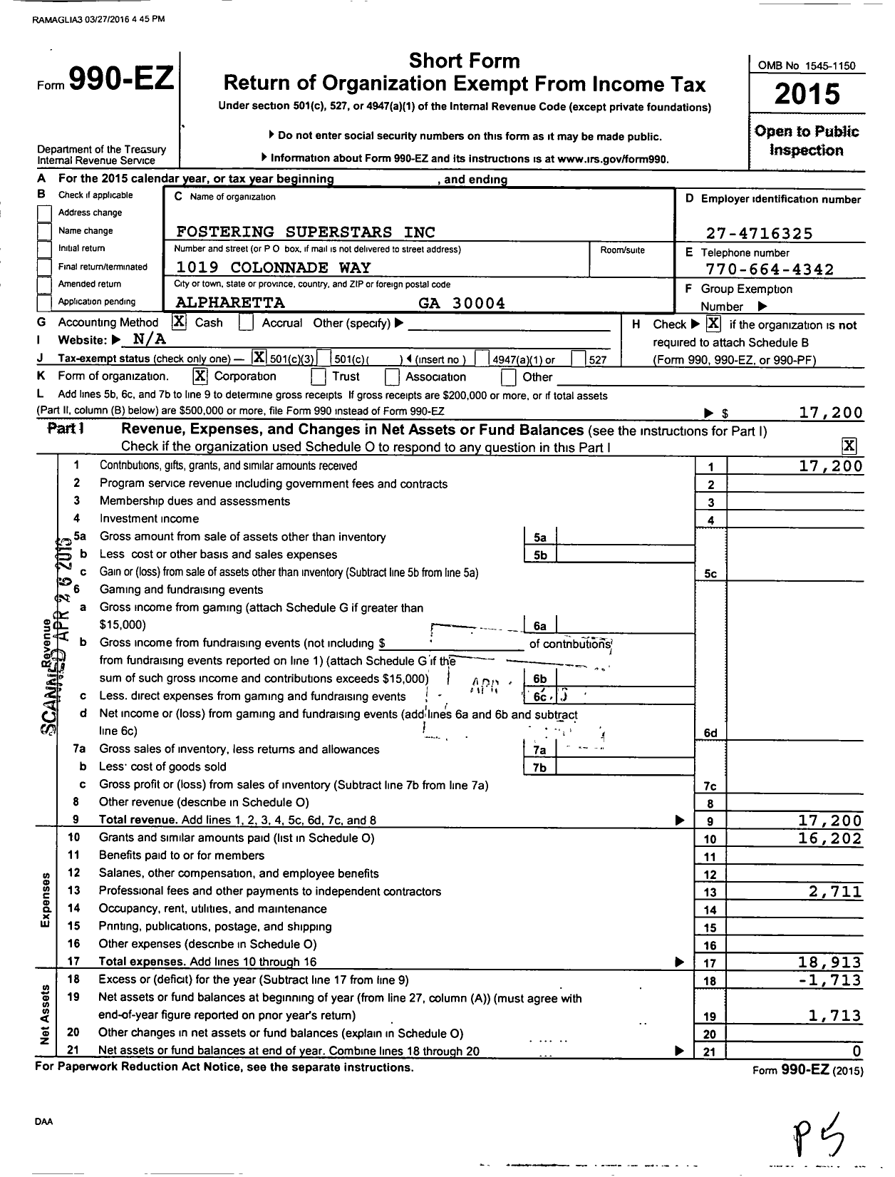 Image of first page of 2015 Form 990EZ for Fostering Superstars