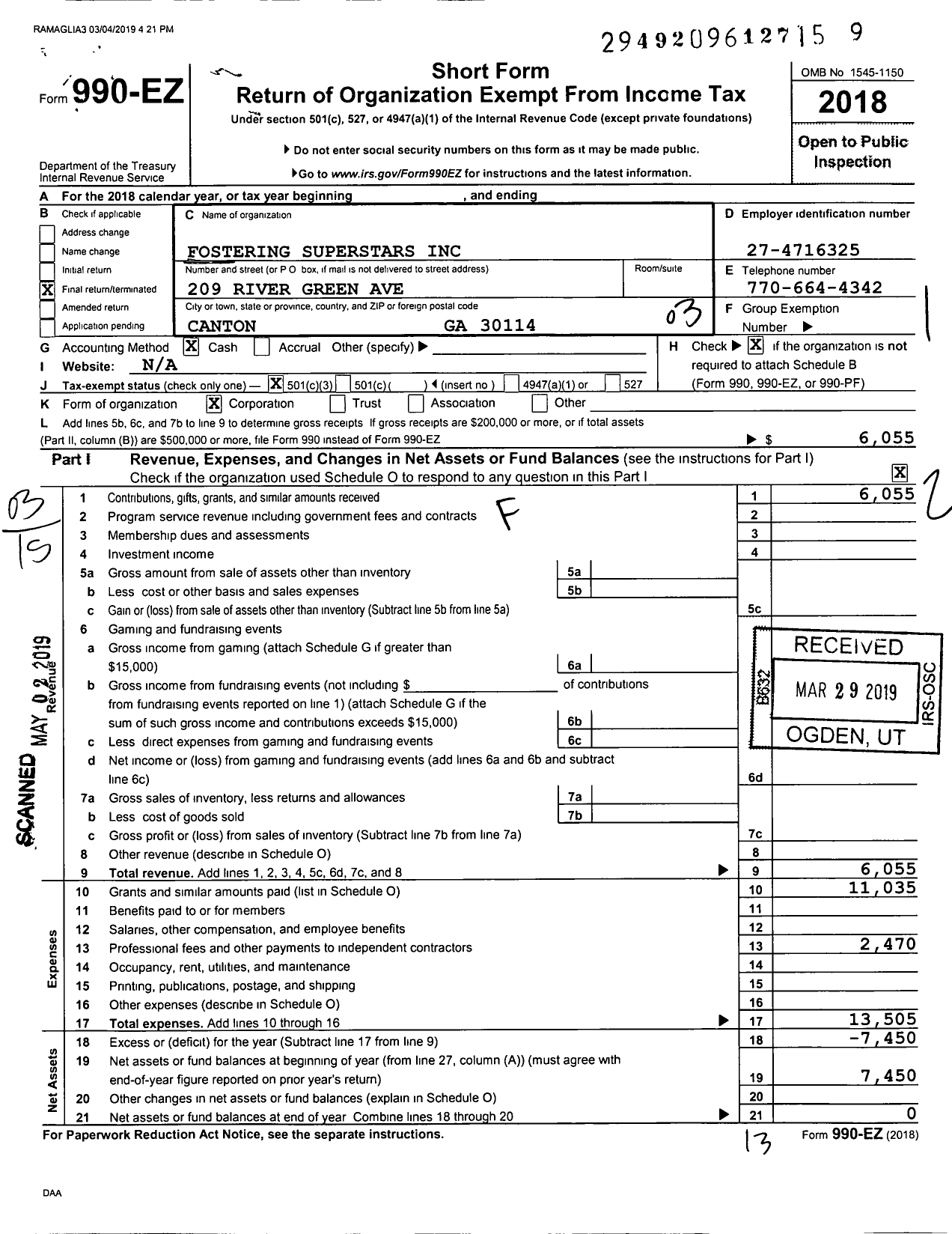 Image of first page of 2018 Form 990EZ for Fostering Superstars