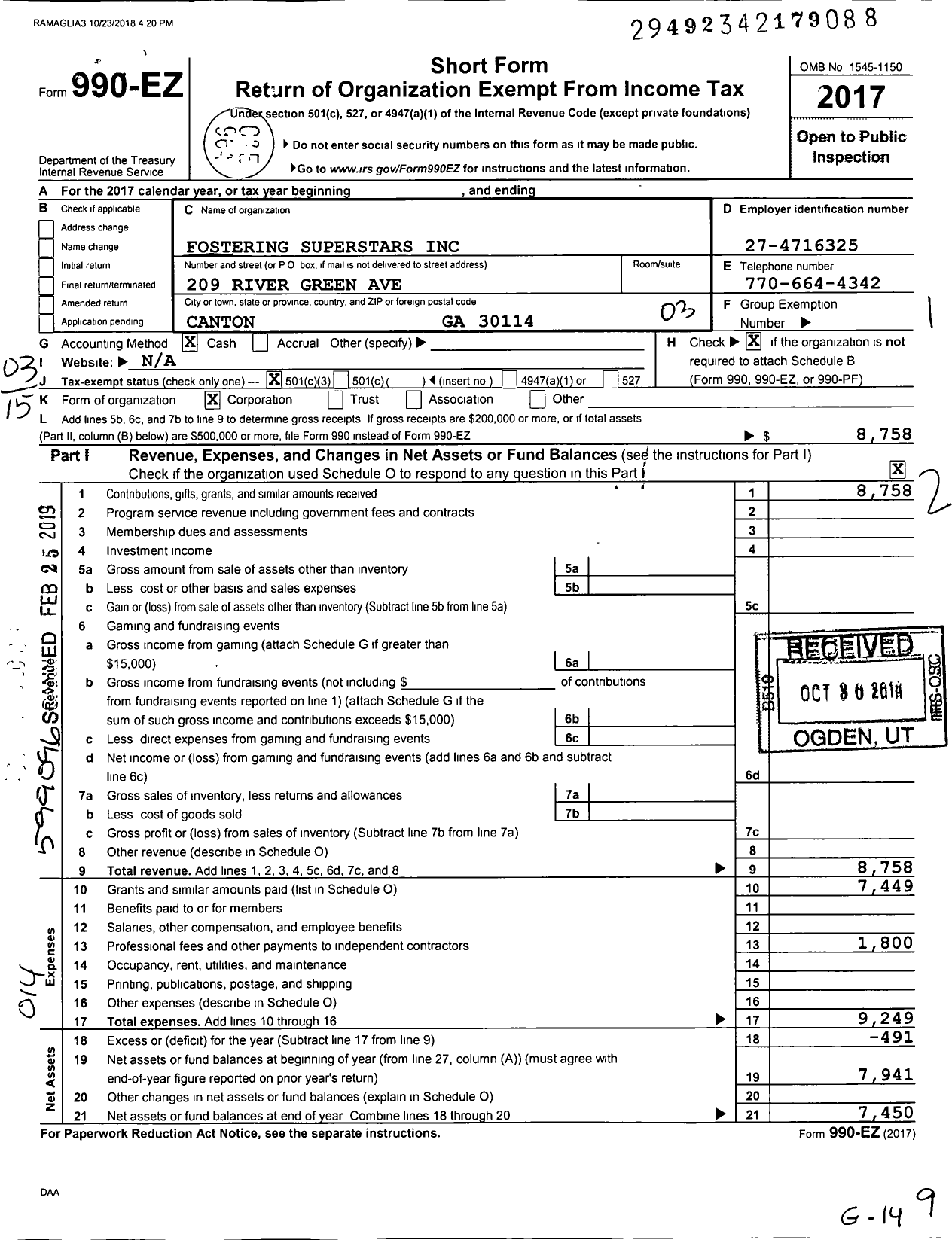 Image of first page of 2017 Form 990EZ for Fostering Superstars