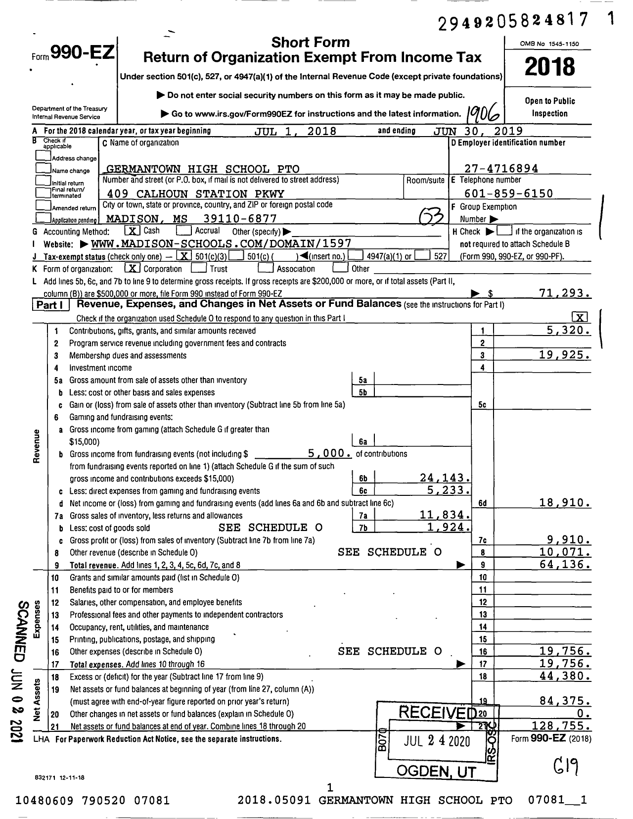 Image of first page of 2018 Form 990EZ for Germantown High School Pto