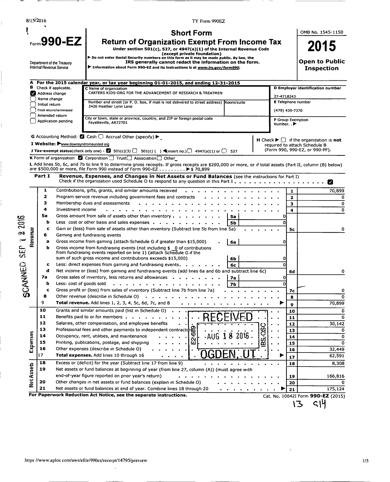 Image of first page of 2015 Form 990EZ for Carters Kids-Org for the Advancement of Research and Treatment