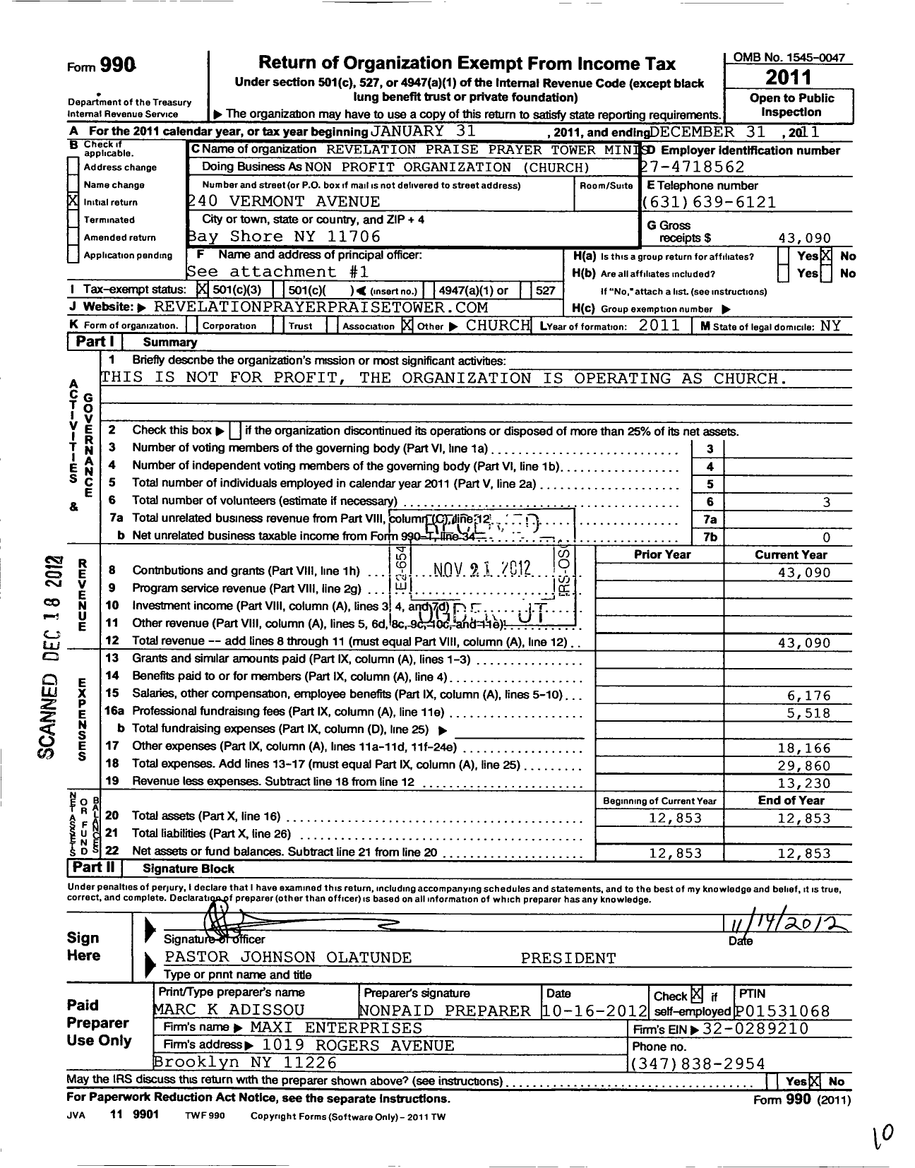 Image of first page of 2011 Form 990 for Revelation Praise Prayer Tower Mini