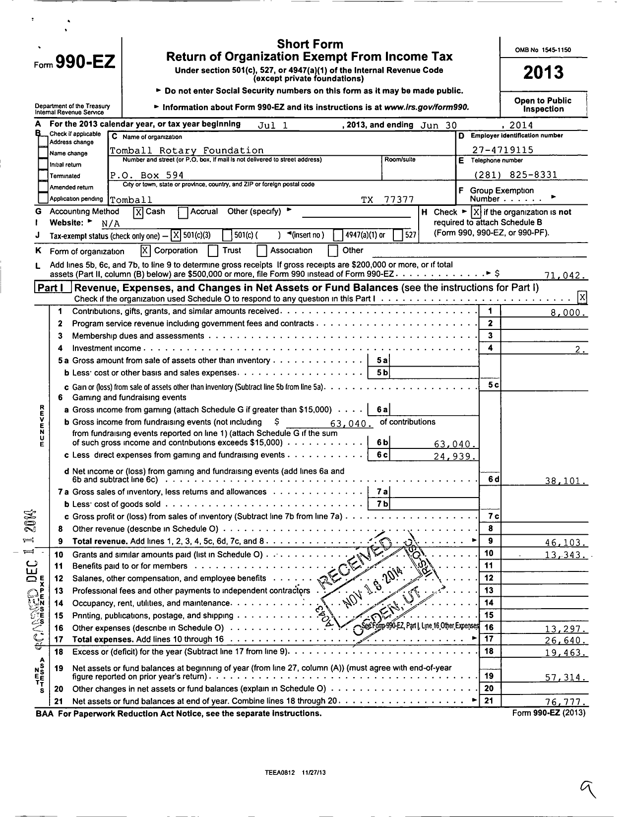 Image of first page of 2013 Form 990EZ for Tomball Rotary Foundation