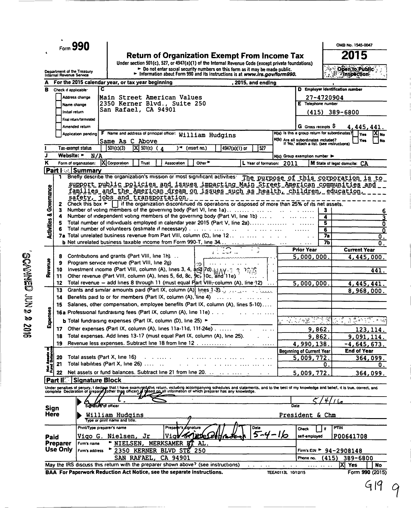 Image of first page of 2015 Form 990O for Main Street American Values