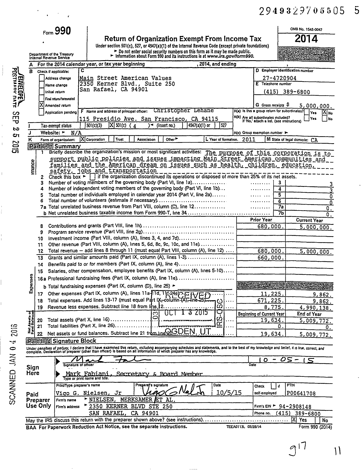 Image of first page of 2014 Form 990O for Main Street American Values