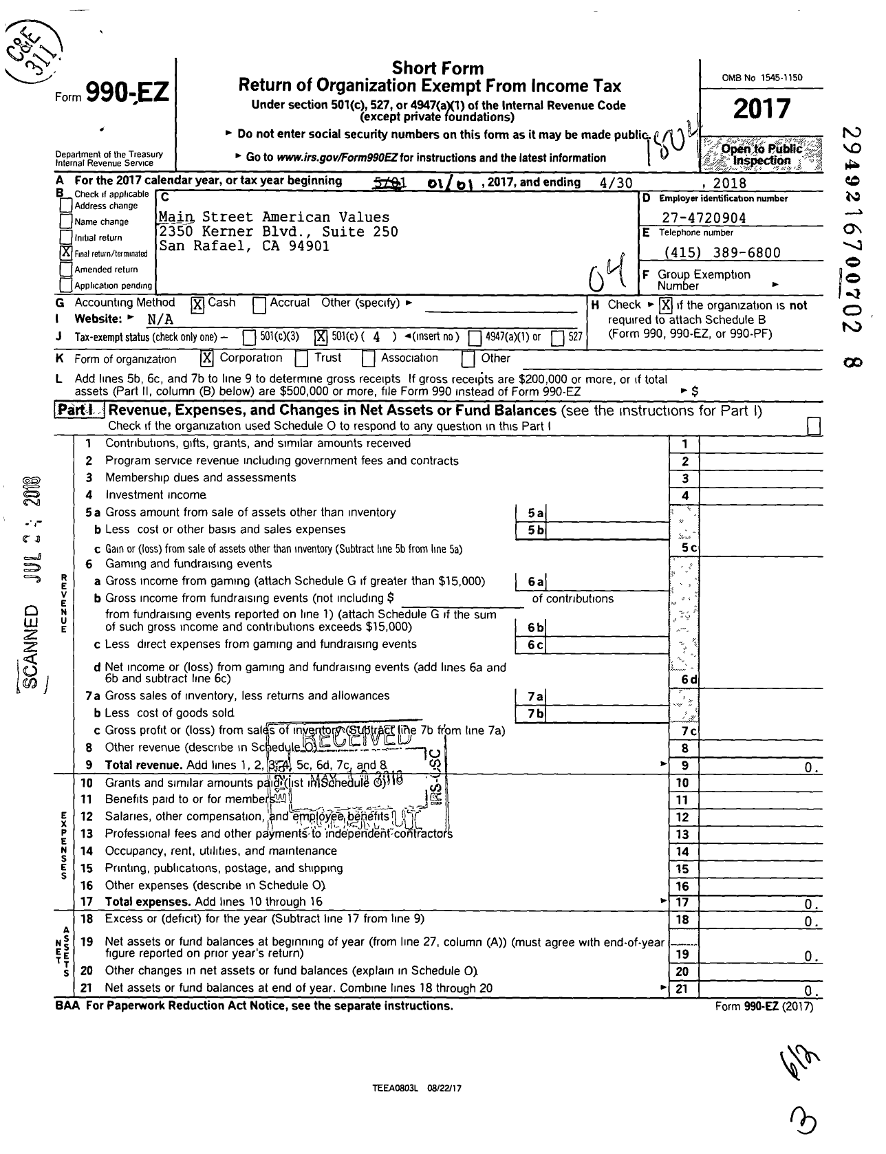 Image of first page of 2017 Form 990EO for Main Street American Values