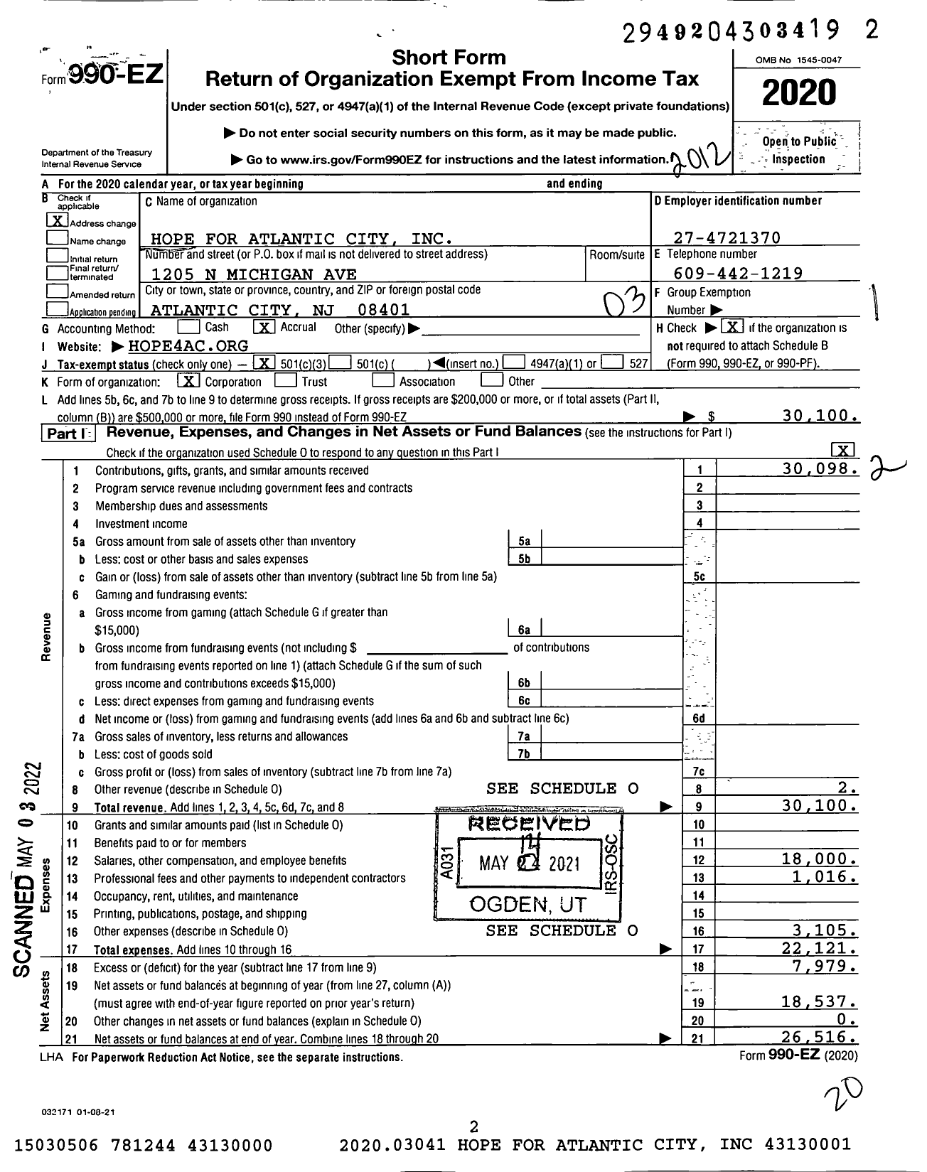 Image of first page of 2020 Form 990EZ for Hope for Atlantic City