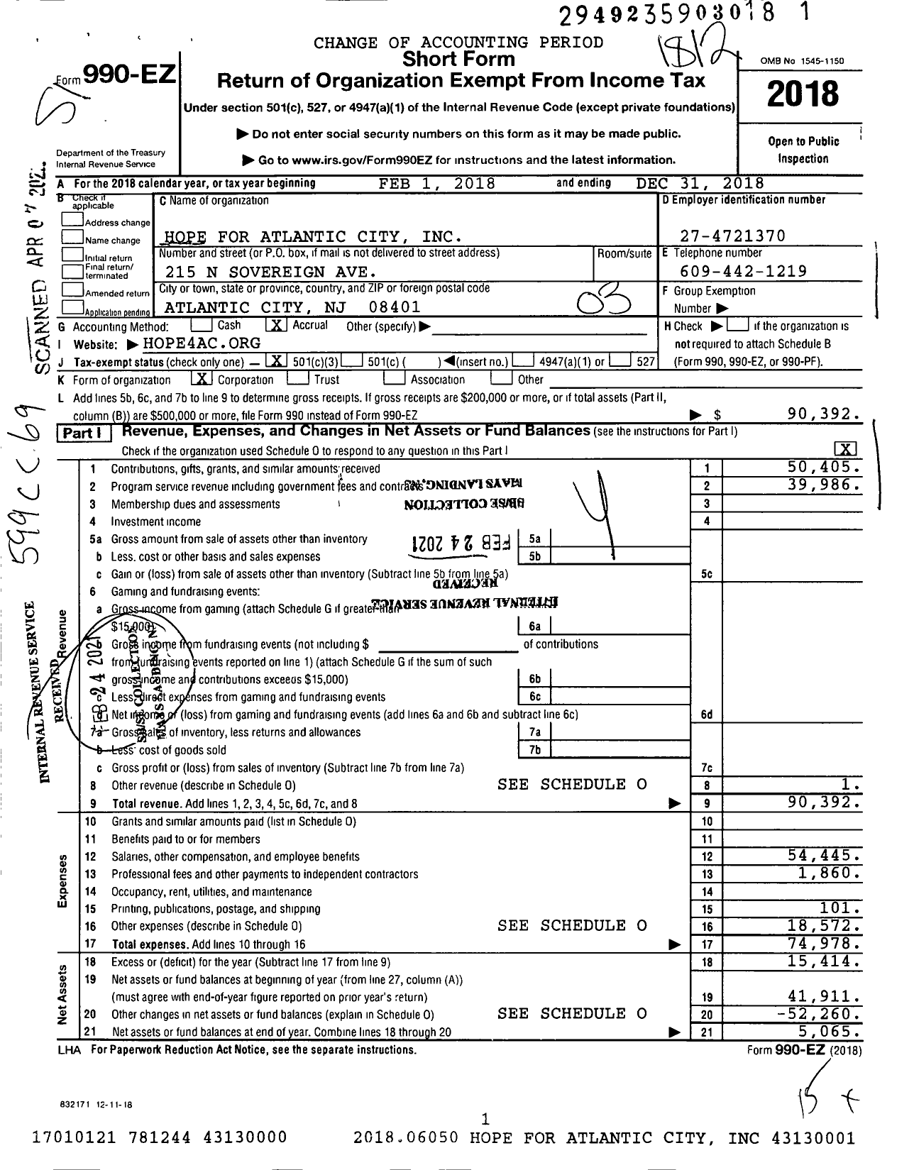 Image of first page of 2018 Form 990EZ for Hope for Atlantic City