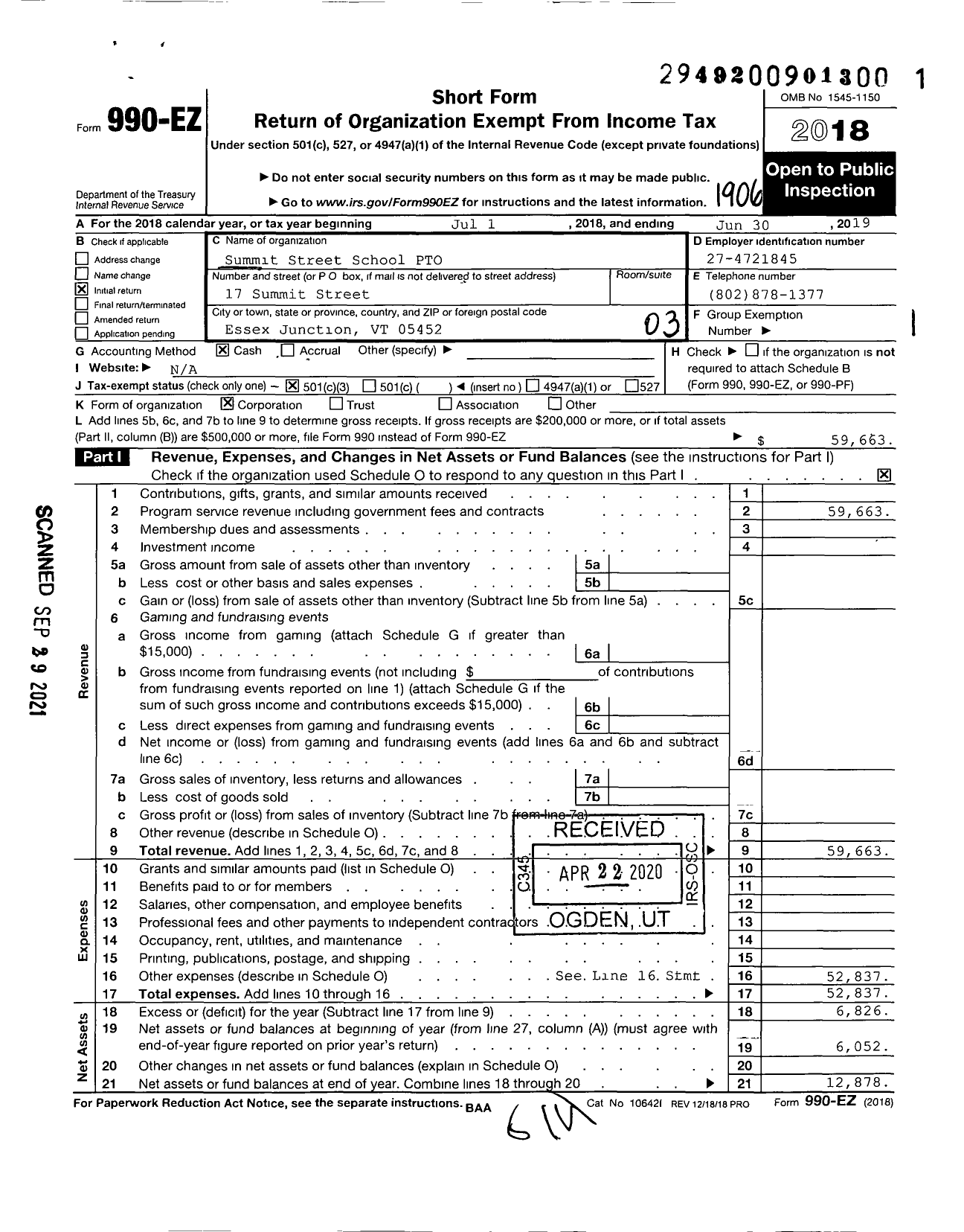 Image of first page of 2018 Form 990EZ for Summit Street Parent Teacher Organization Incorporated