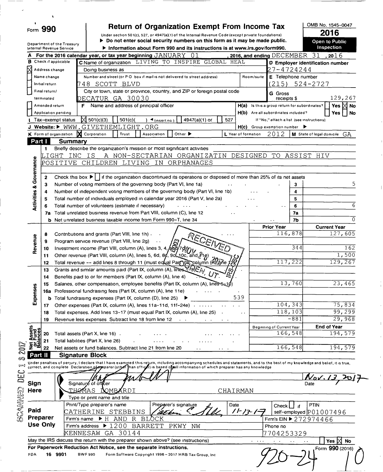 Image of first page of 2016 Form 990 for Living To Inspire Global Healing Today