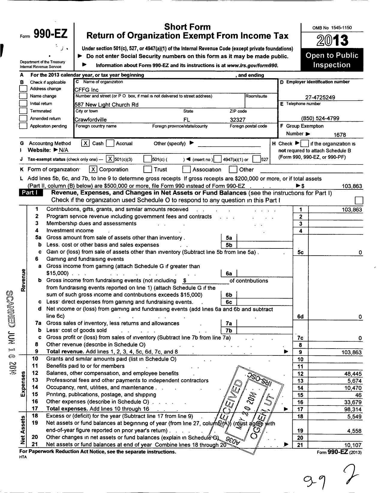 Image of first page of 2013 Form 990EZ for CFFG