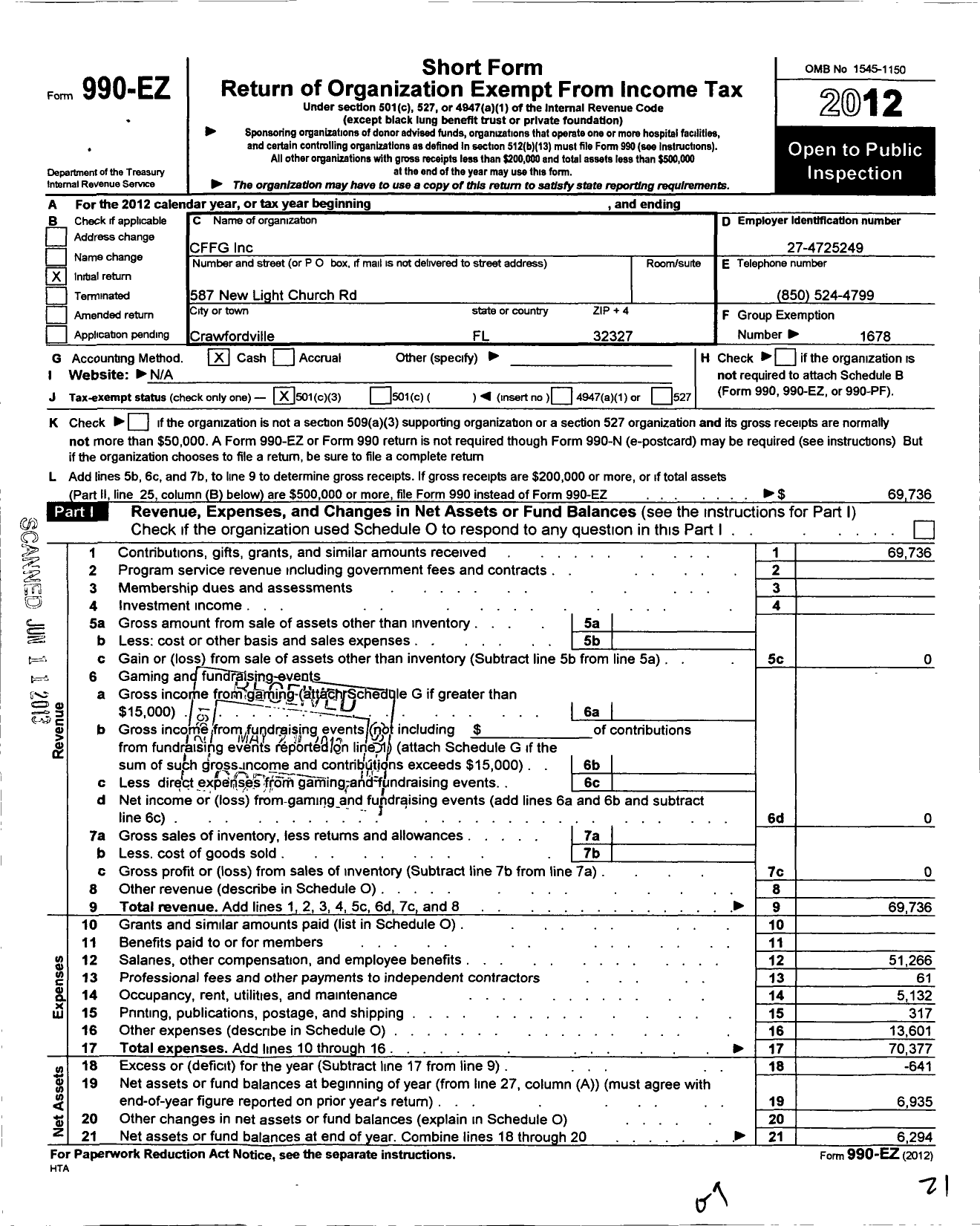 Image of first page of 2012 Form 990EZ for CFFG