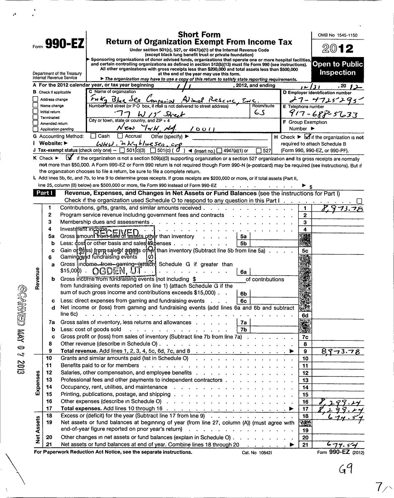 Image of first page of 2012 Form 990EO for Inky Blue Sea Companion Animal Rescue