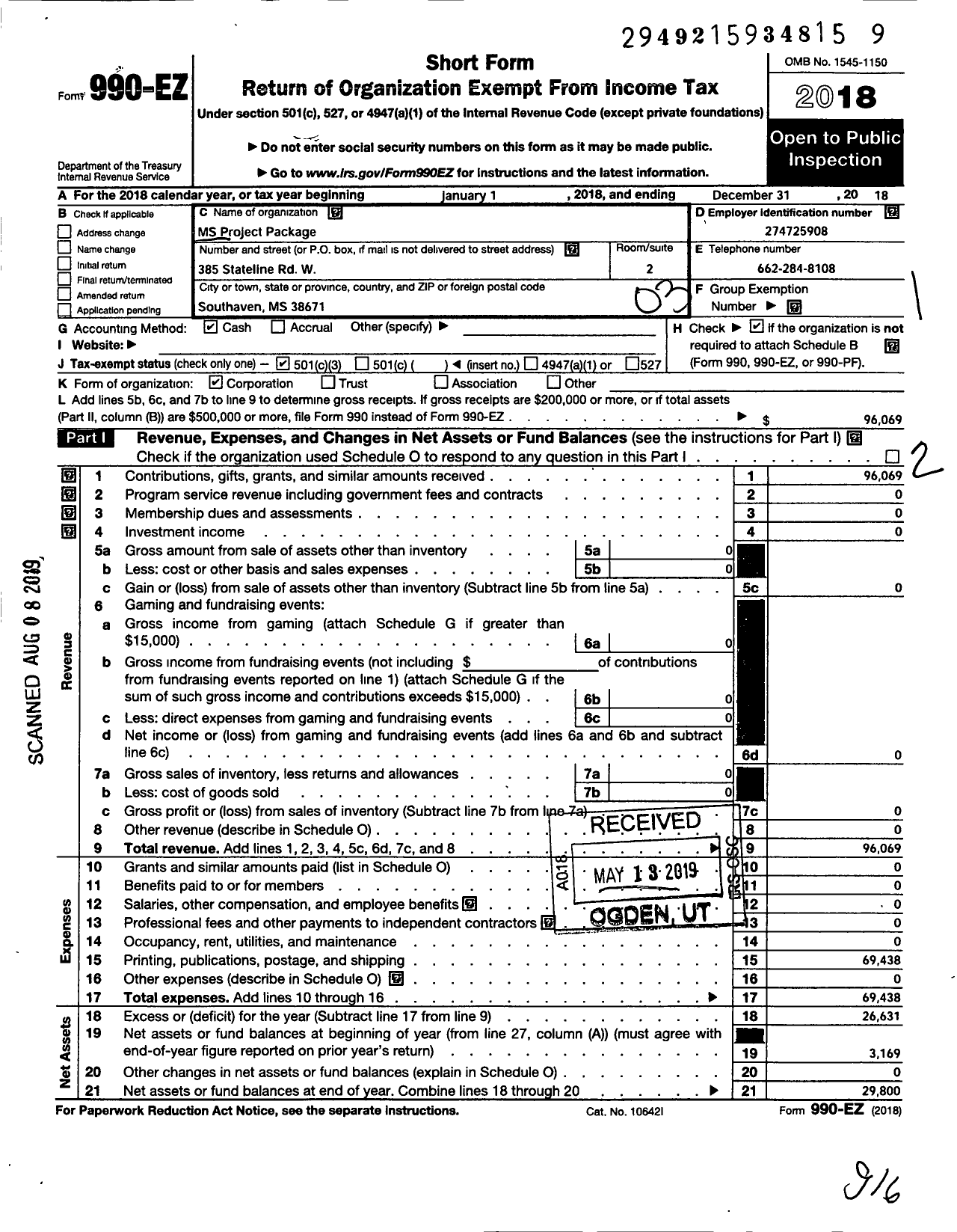 Image of first page of 2018 Form 990EZ for MS Project Package