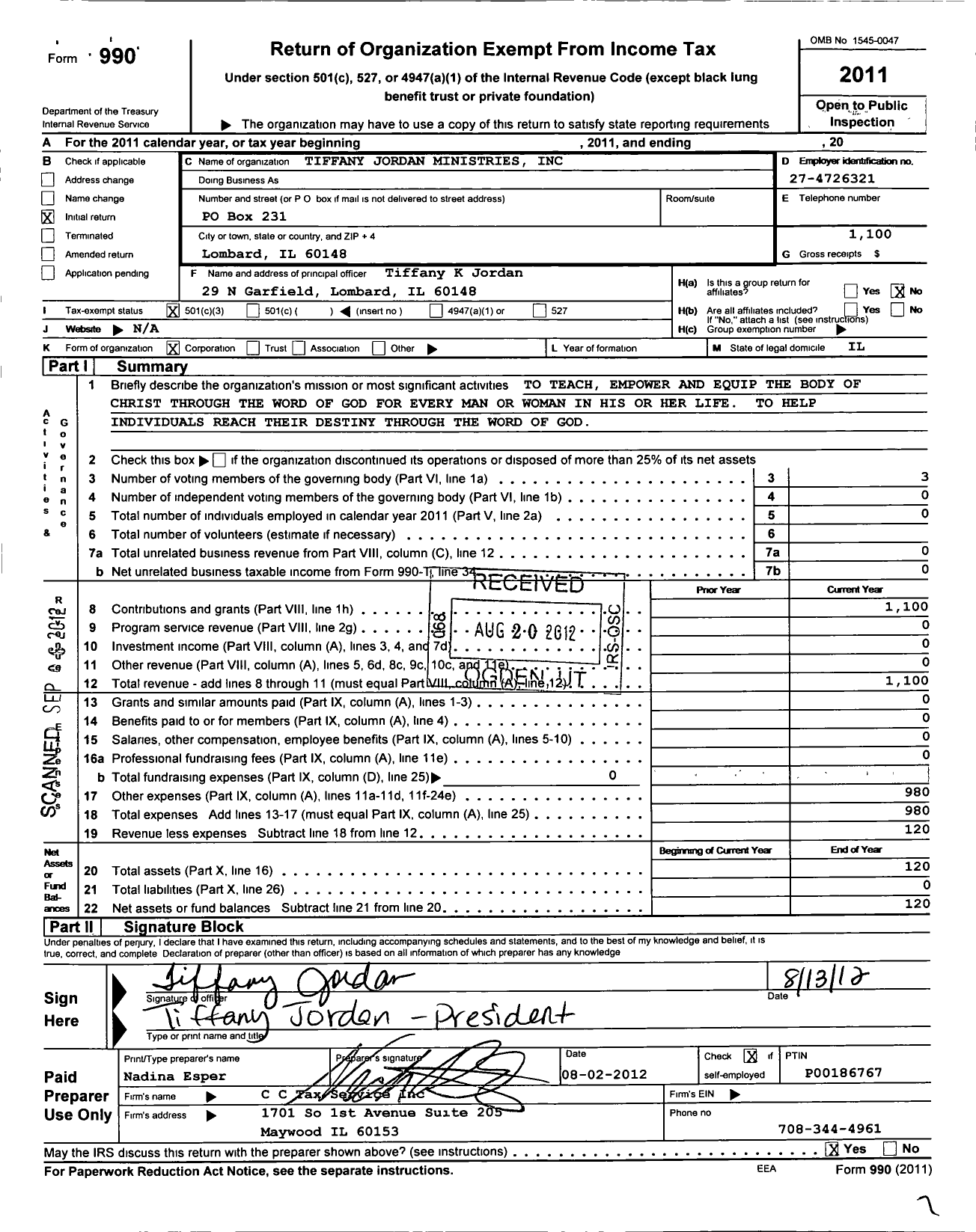 Image of first page of 2011 Form 990 for Tiffany Jordan Ministries