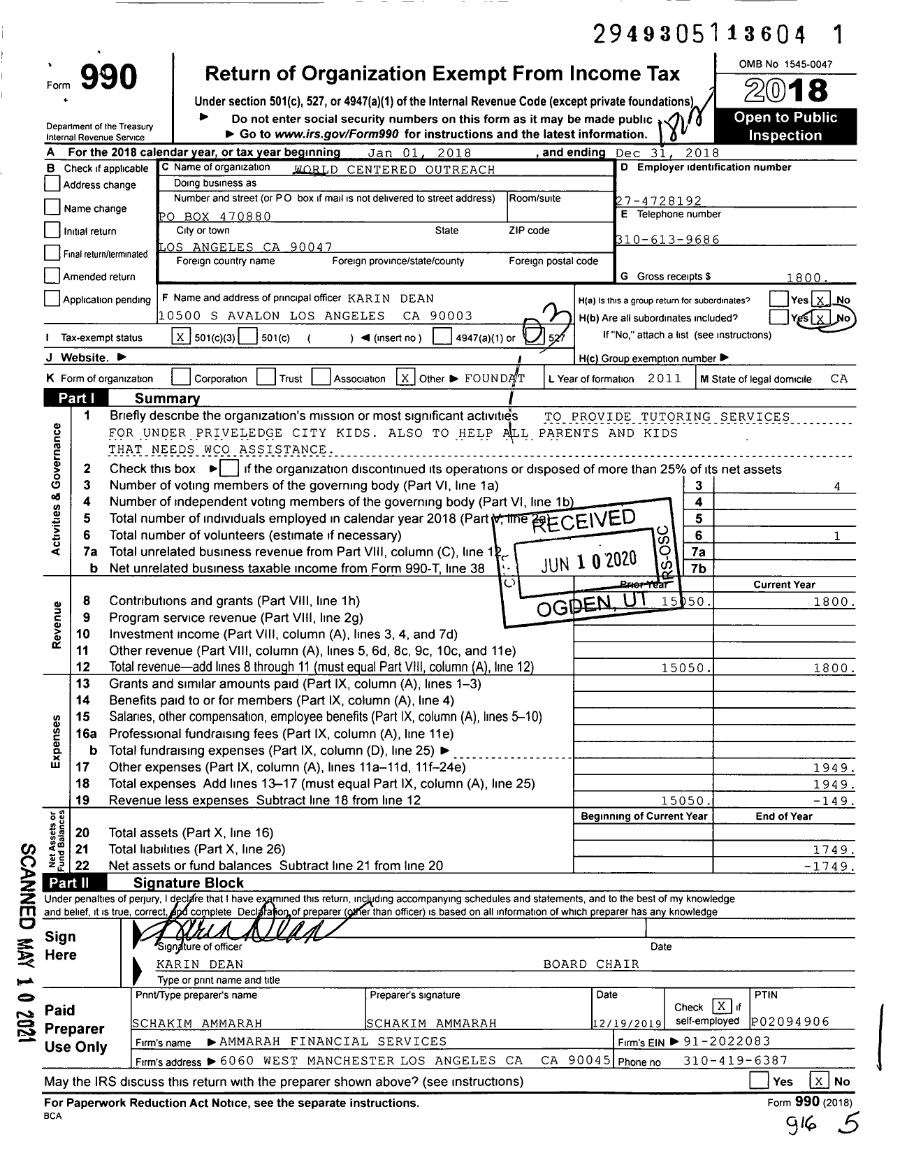 Image of first page of 2018 Form 990 for World Centered Outreach