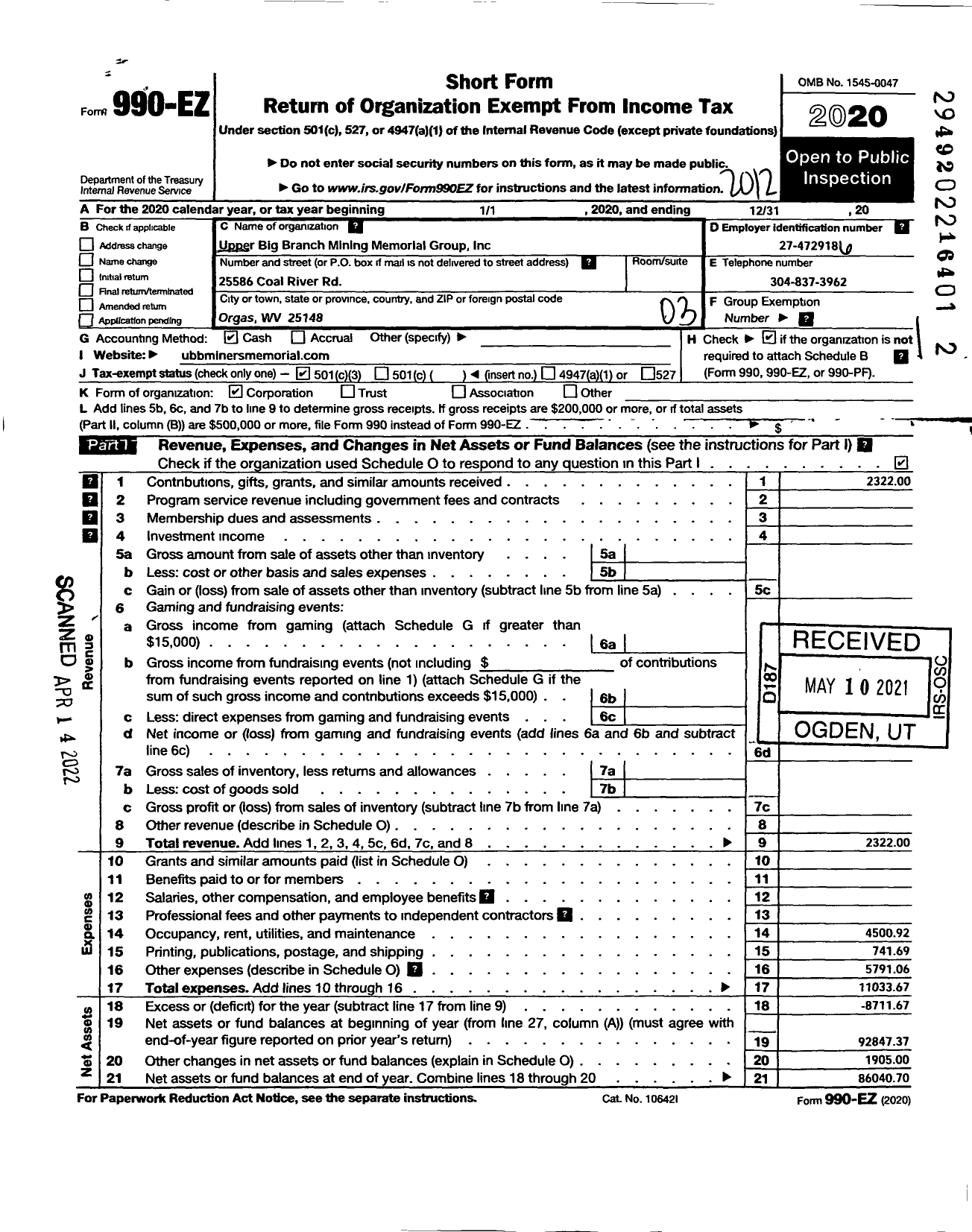 Image of first page of 2020 Form 990EZ for Upper Big Branch Mining Memorial Group