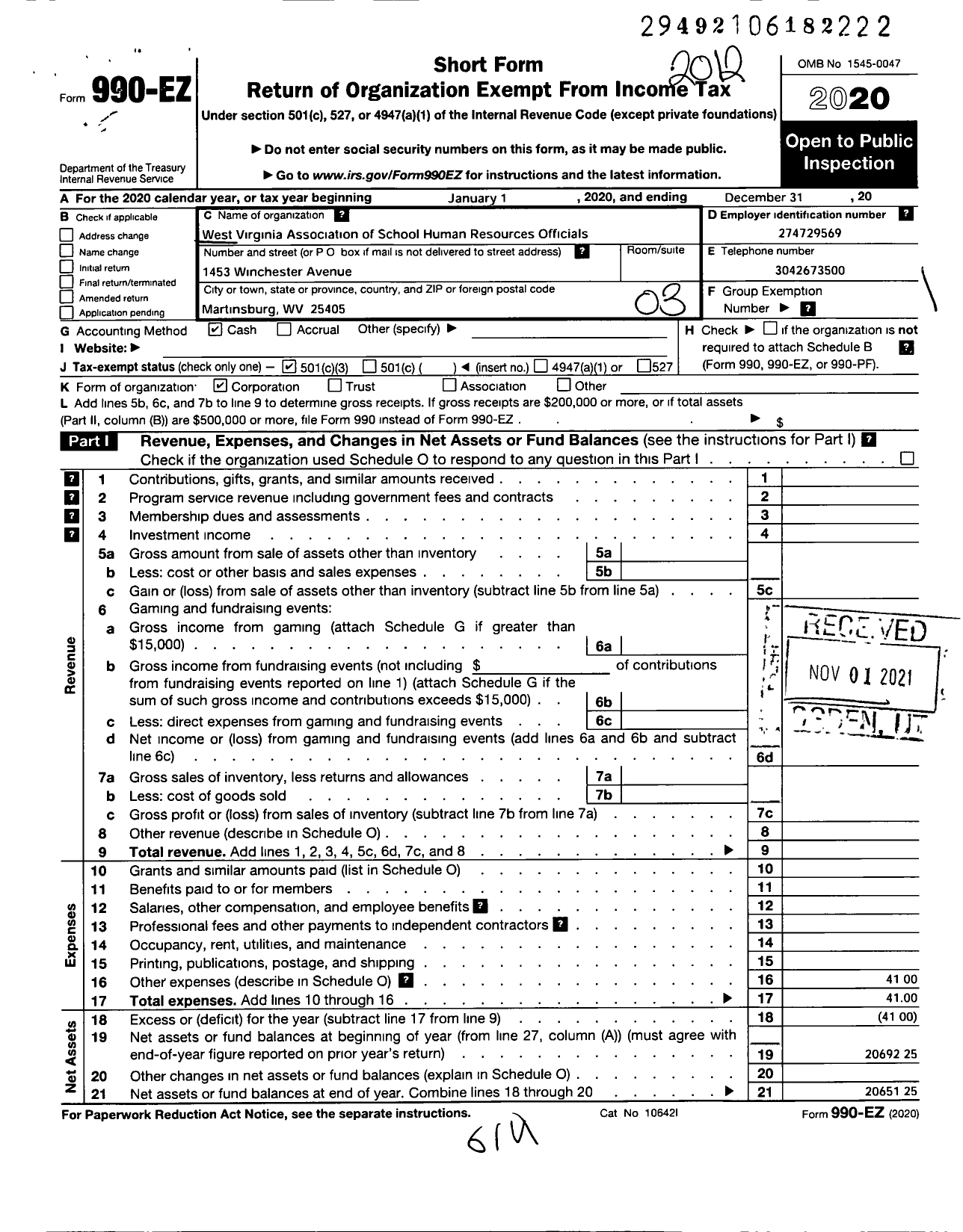 Image of first page of 2020 Form 990EZ for West Virginia School Personnel Association