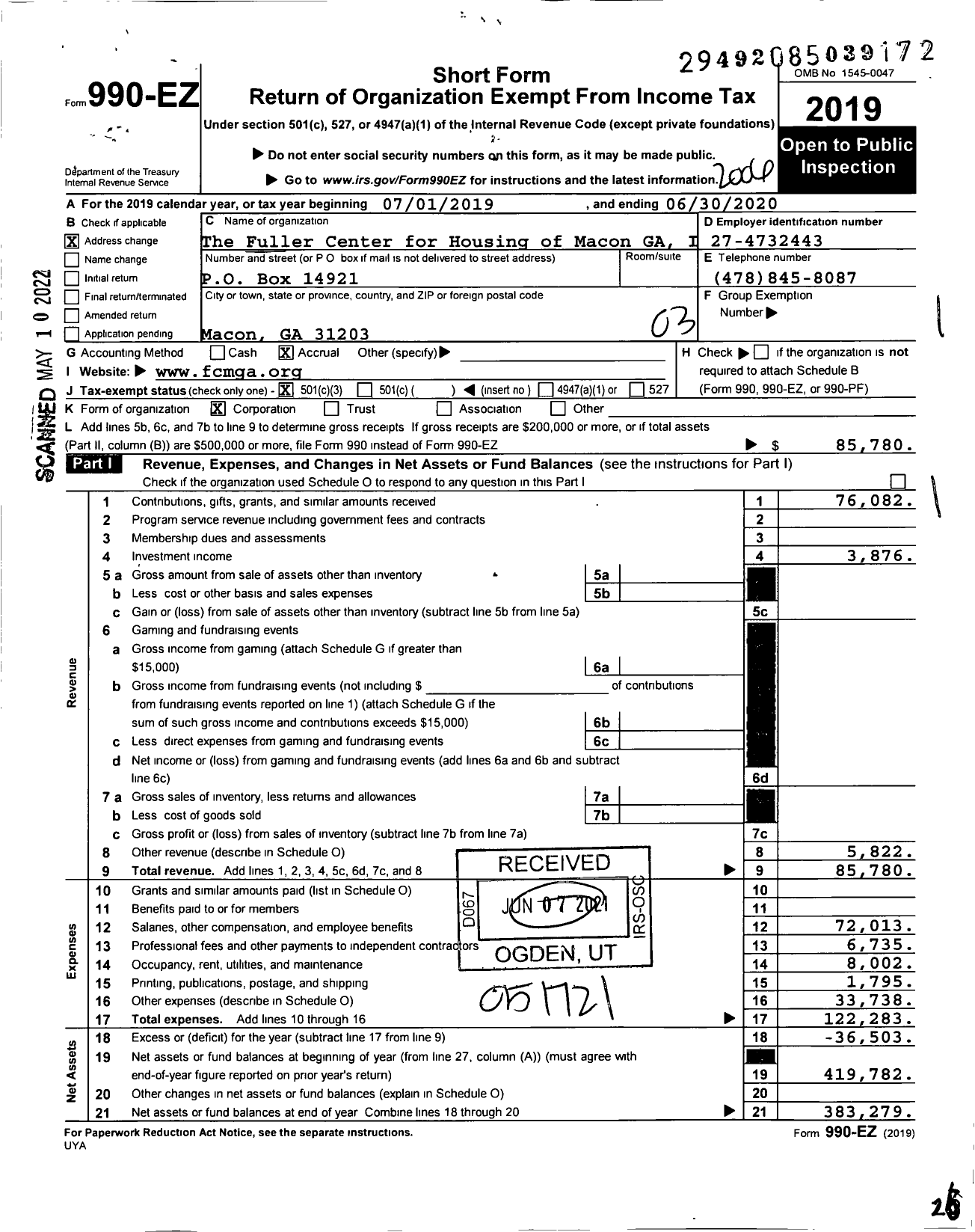 Image of first page of 2019 Form 990EZ for The Fuller Center for Housing of Macon Georgia