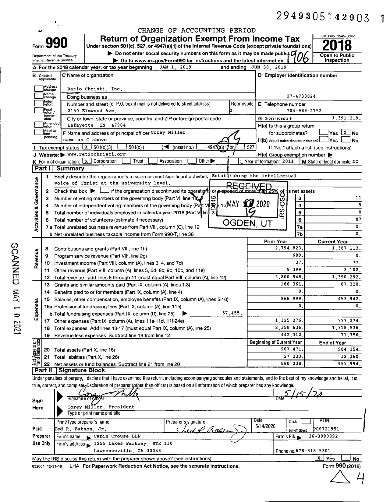 Image of first page of 2018 Form 990 for Ratio Christi