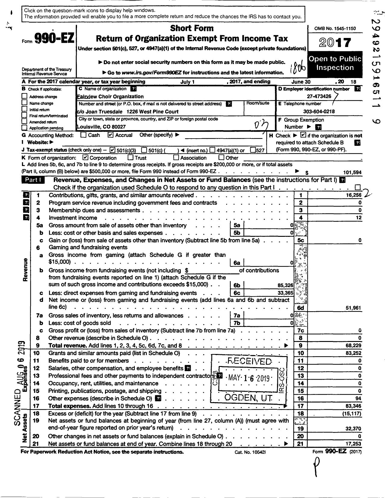 Image of first page of 2017 Form 990EZ for Fairview Choir Organization