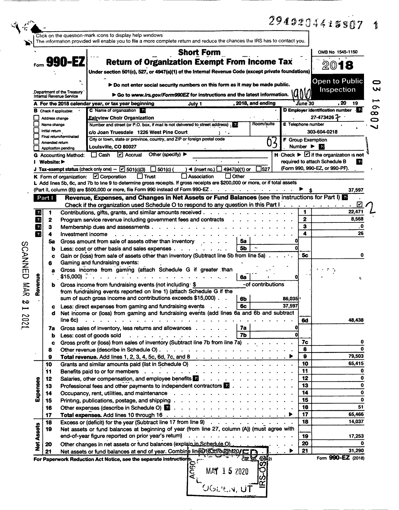 Image of first page of 2018 Form 990EZ for Fairview Choir Organization