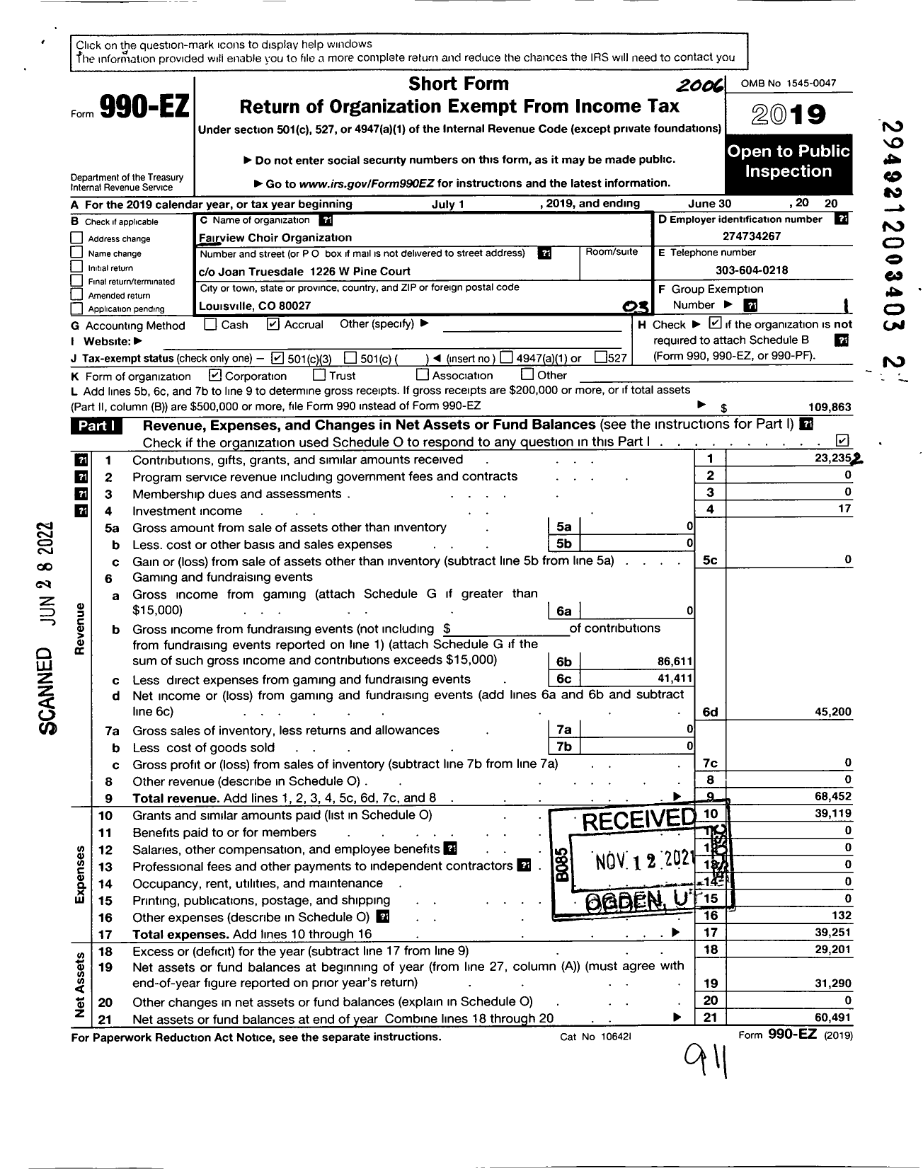 Image of first page of 2019 Form 990EZ for Fairview Choir Organization