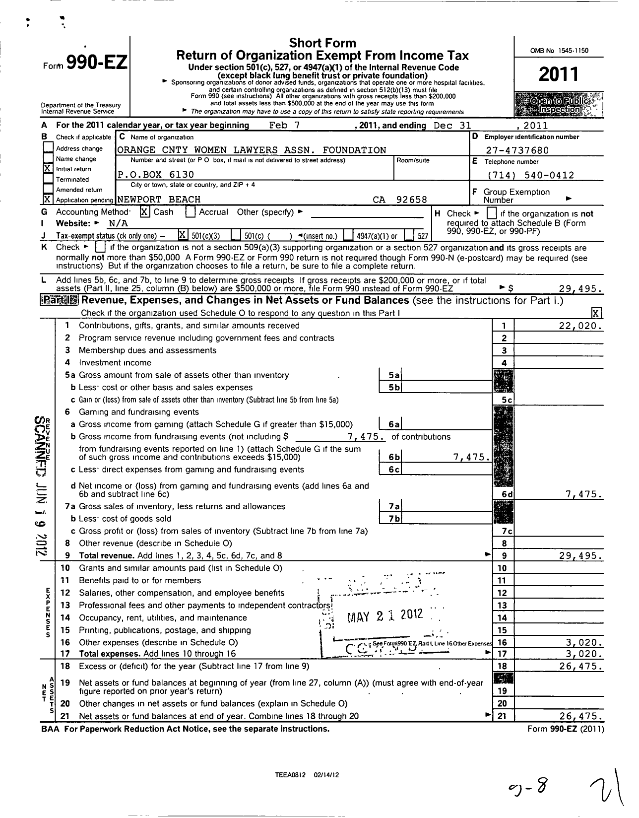 Image of first page of 2011 Form 990EZ for Orange County Women Lawyers Association Foundation