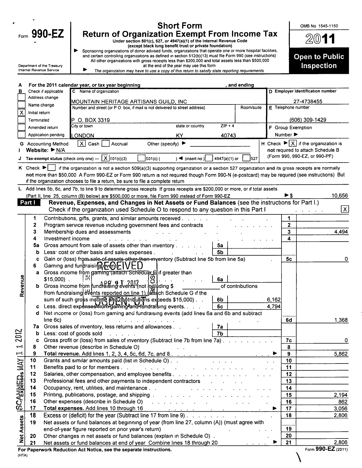 Image of first page of 2011 Form 990EZ for Mountain Heritage Artisans Guild