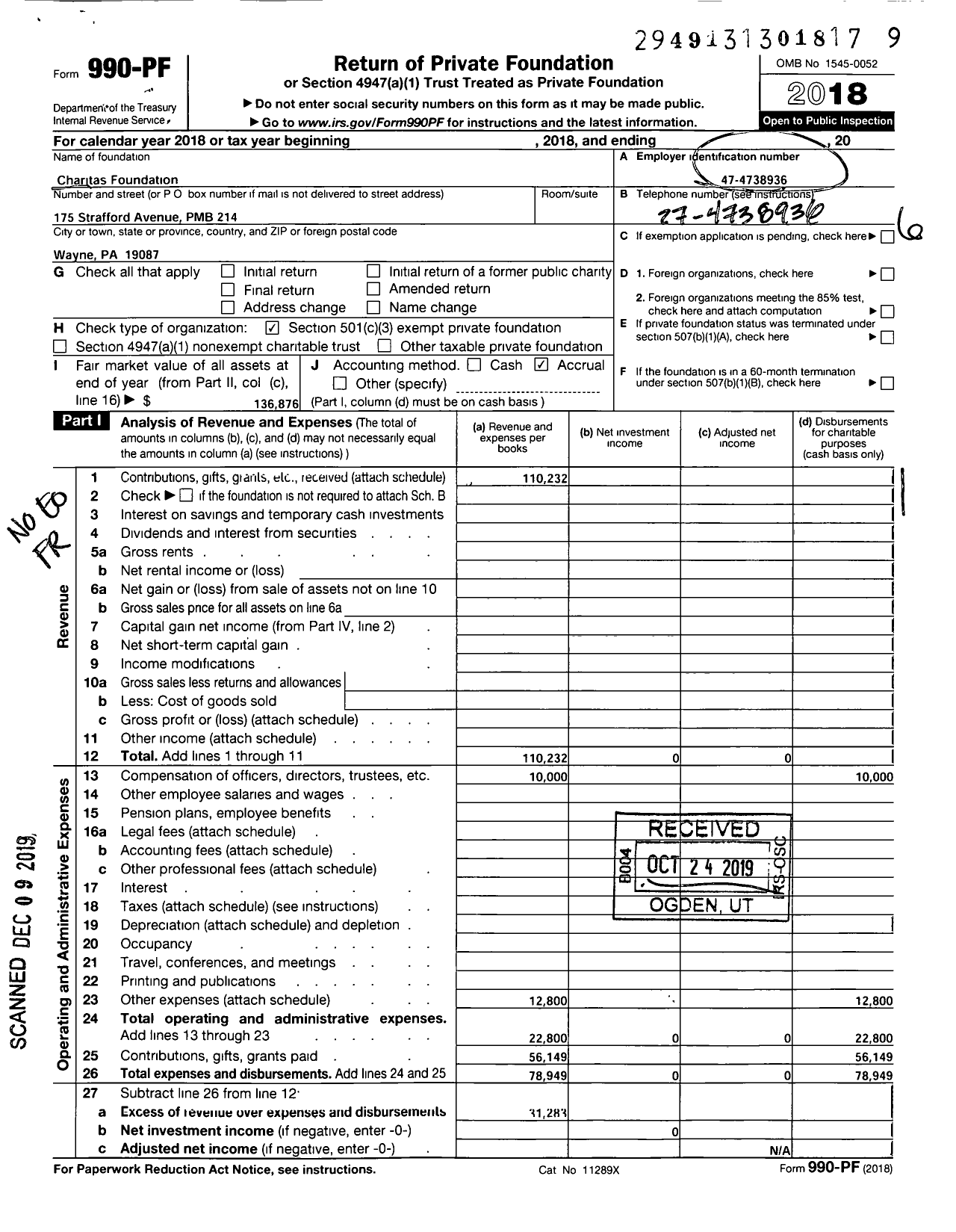 Image of first page of 2018 Form 990PF for Charitas Foundation