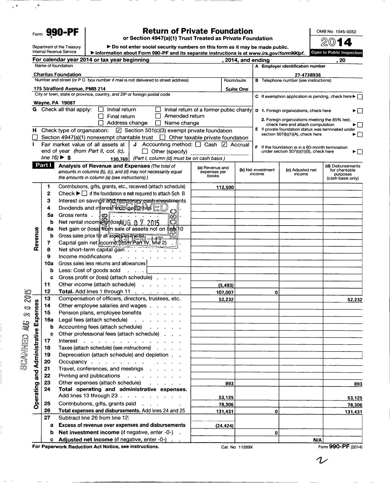 Image of first page of 2014 Form 990PF for Charitas Foundation