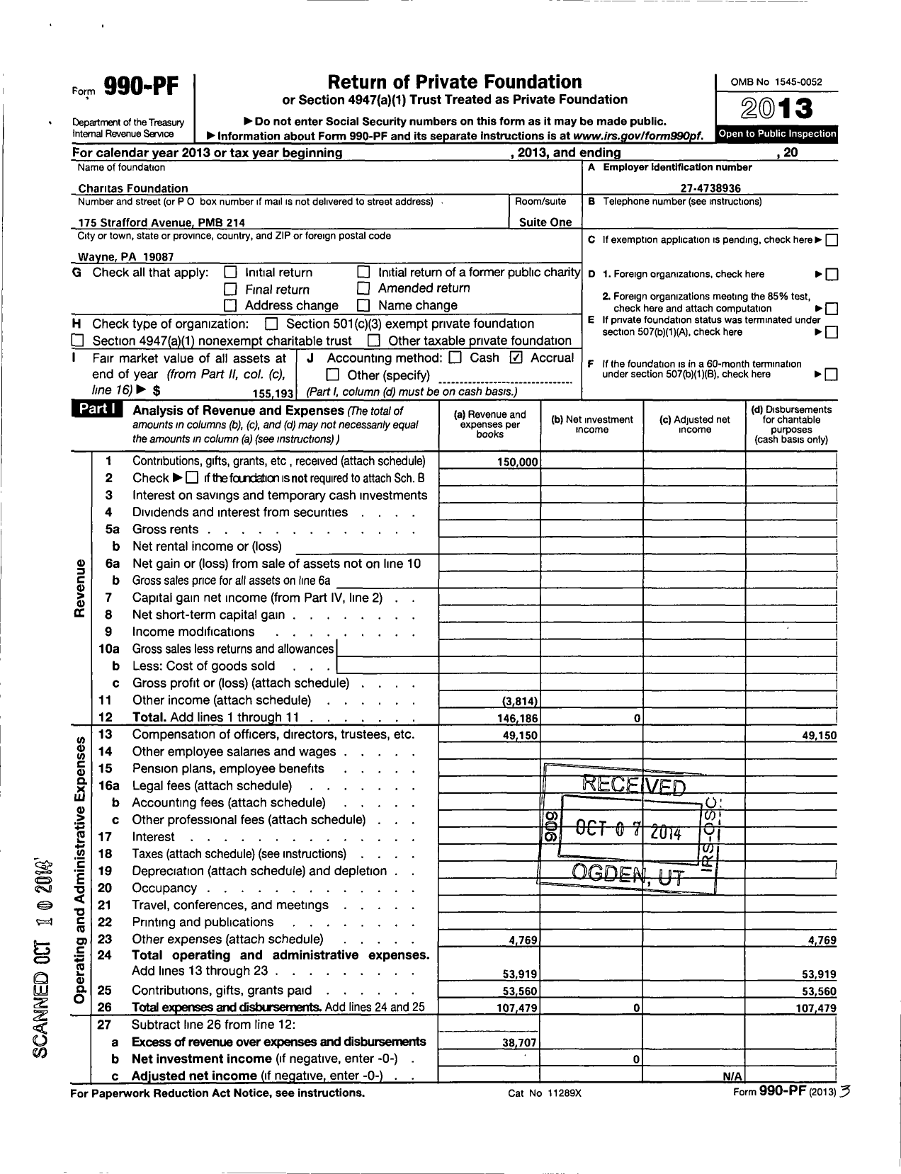 Image of first page of 2013 Form 990PF for Charitas Foundation