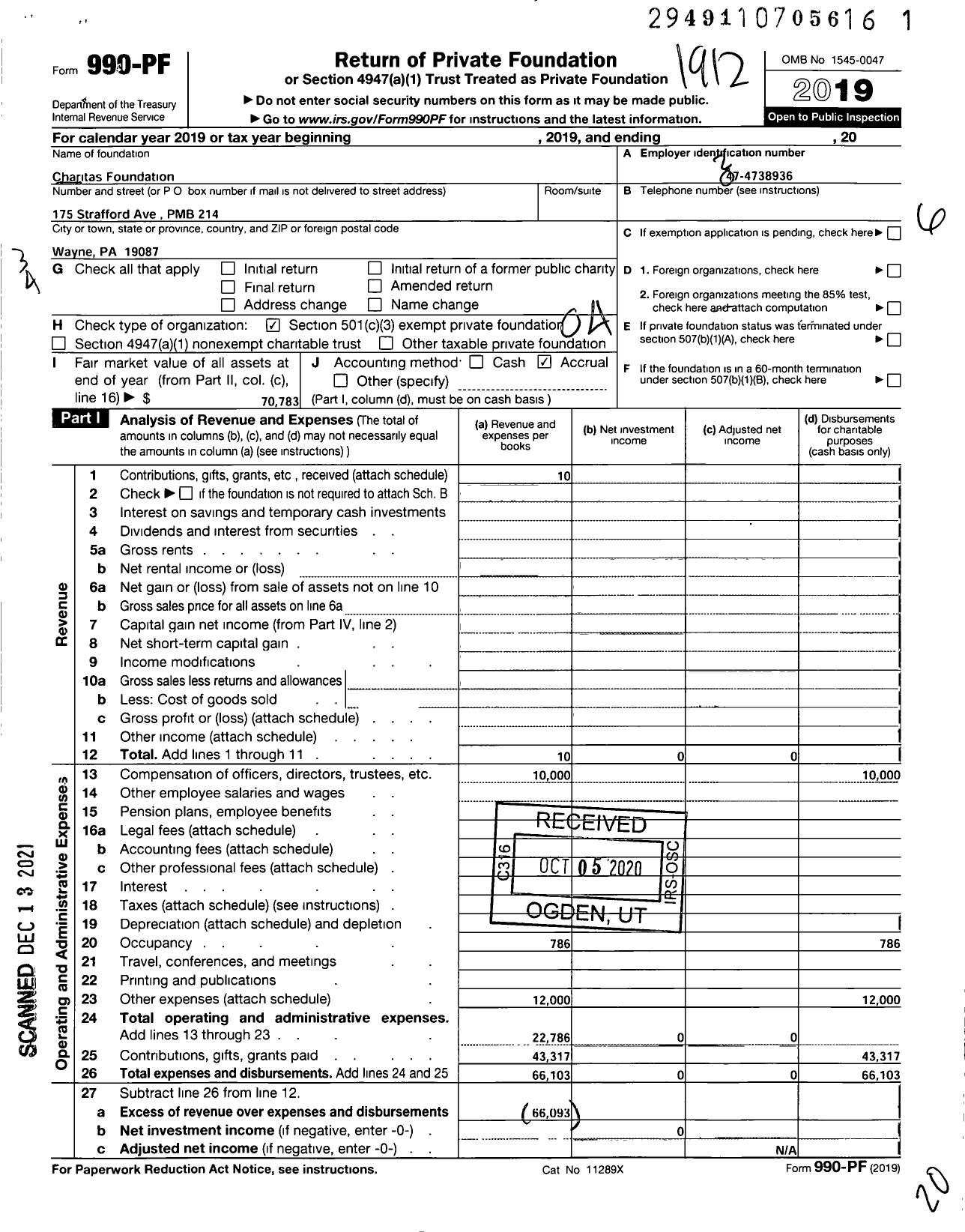 Image of first page of 2019 Form 990PF for Charitas Foundation