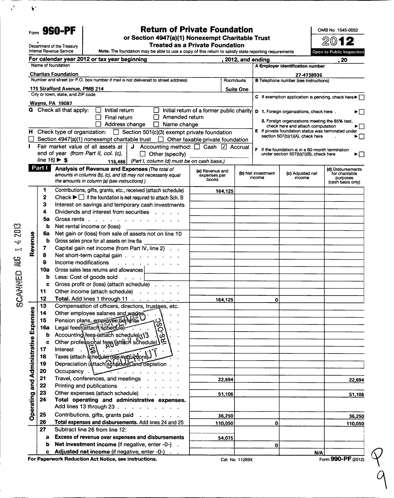 Image of first page of 2012 Form 990PF for Charitas Foundation