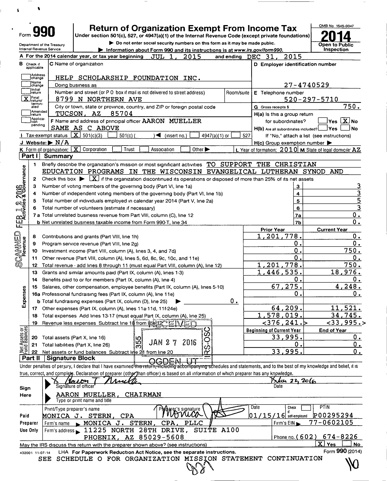 Image of first page of 2015 Form 990 for Help Scholarship Foundation