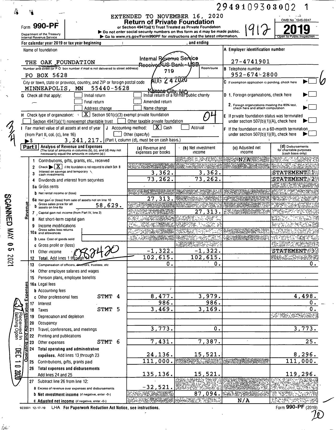 Image of first page of 2019 Form 990PF for The OAK Foundation