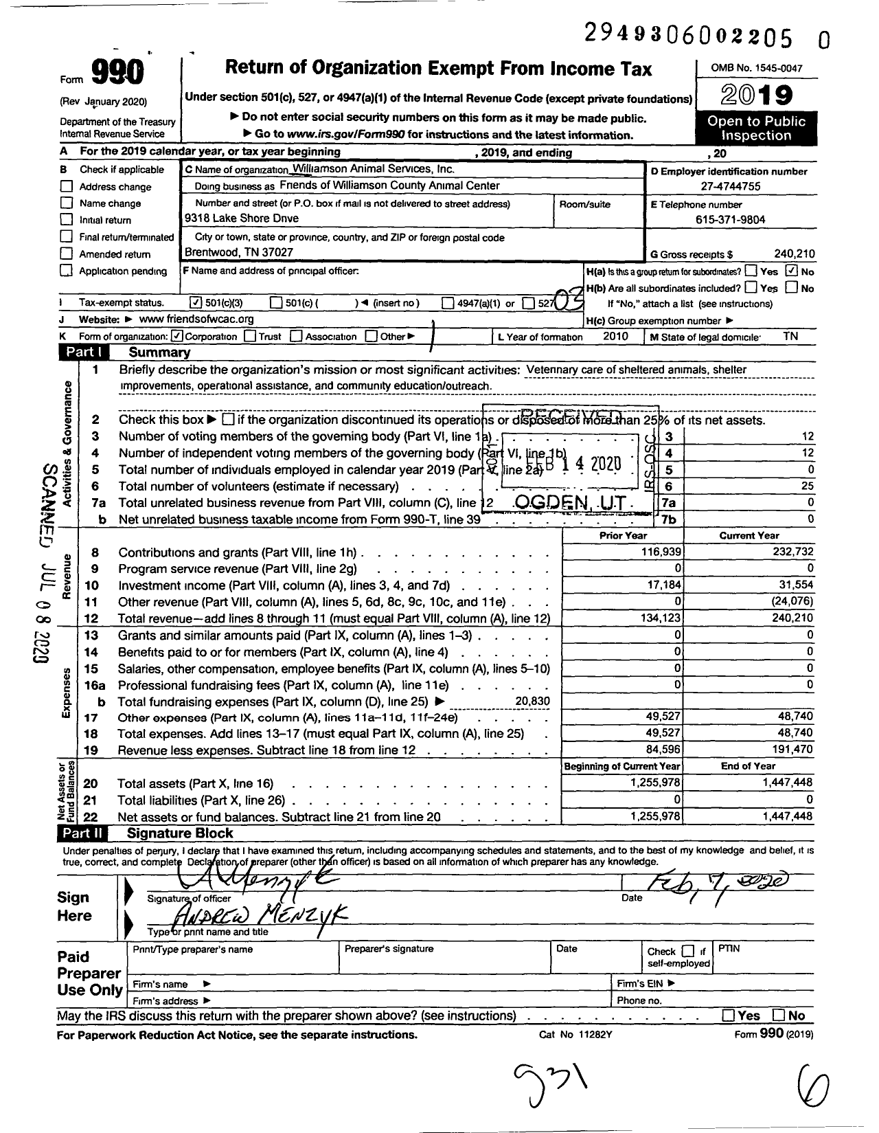 Image of first page of 2019 Form 990 for Friends of Williamson County Animal Ce