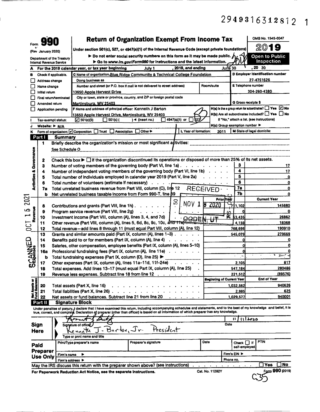 Image of first page of 2019 Form 990 for Blue Ridge Community and Technical College Foundation