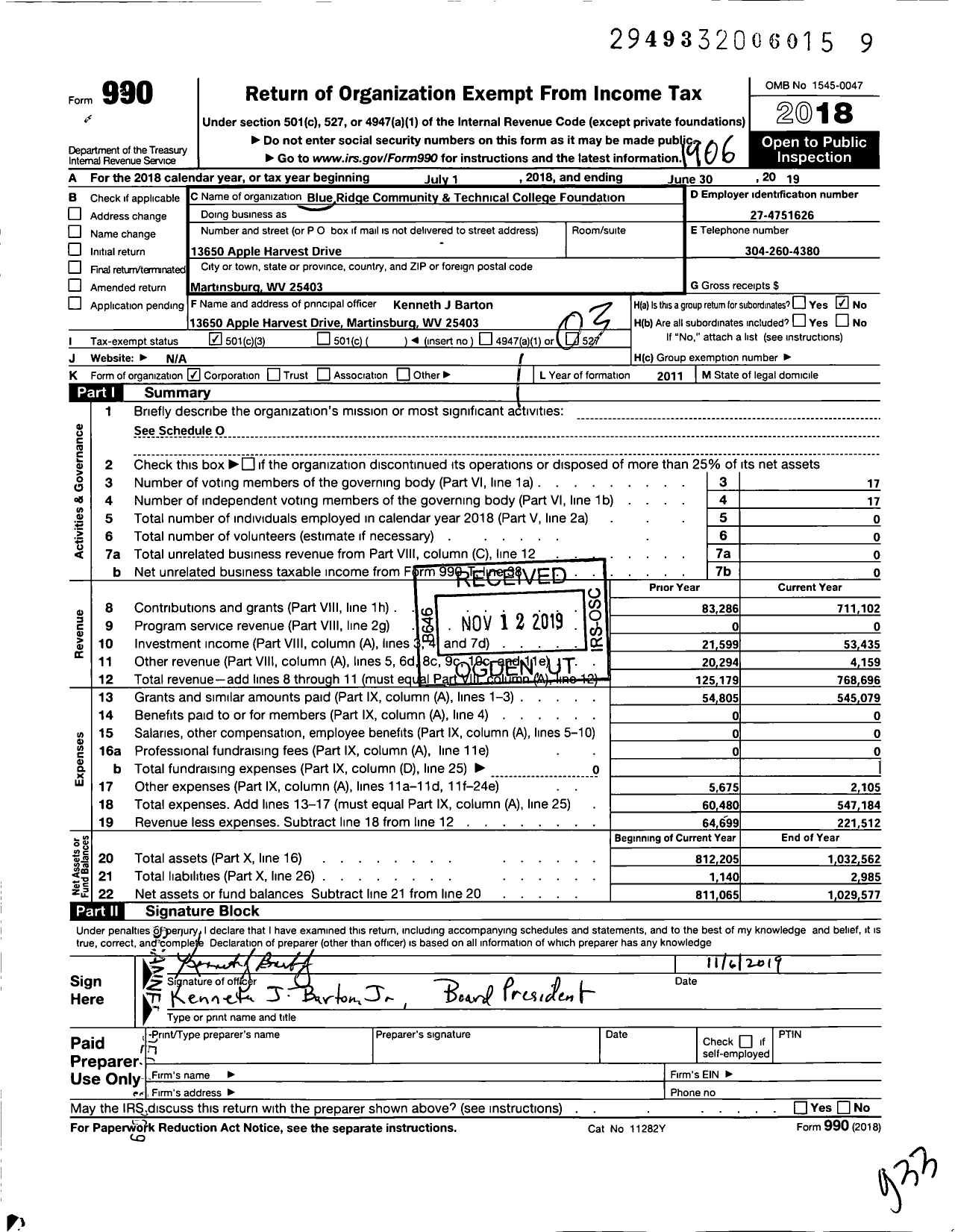 Image of first page of 2018 Form 990 for Blue Ridge Community and Technical College Foundation