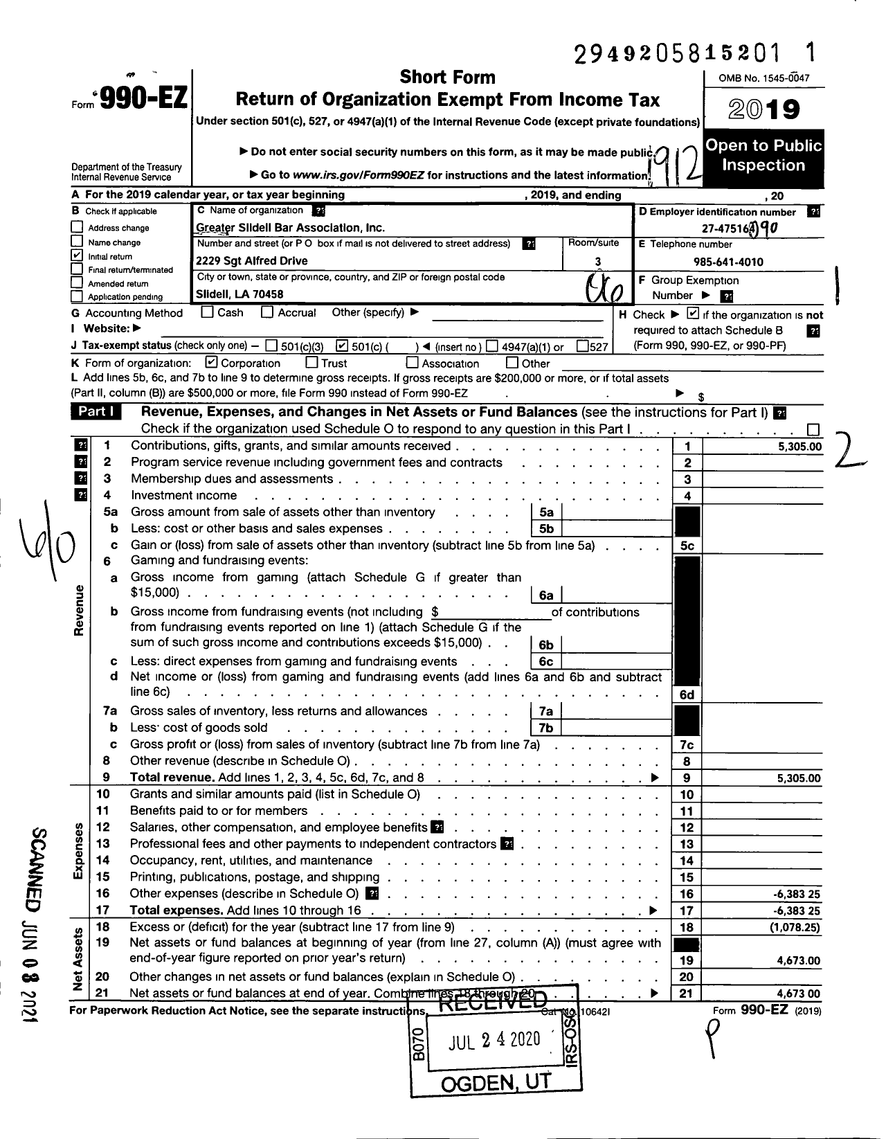 Image of first page of 2019 Form 990EO for Greater Slidell Bar Association