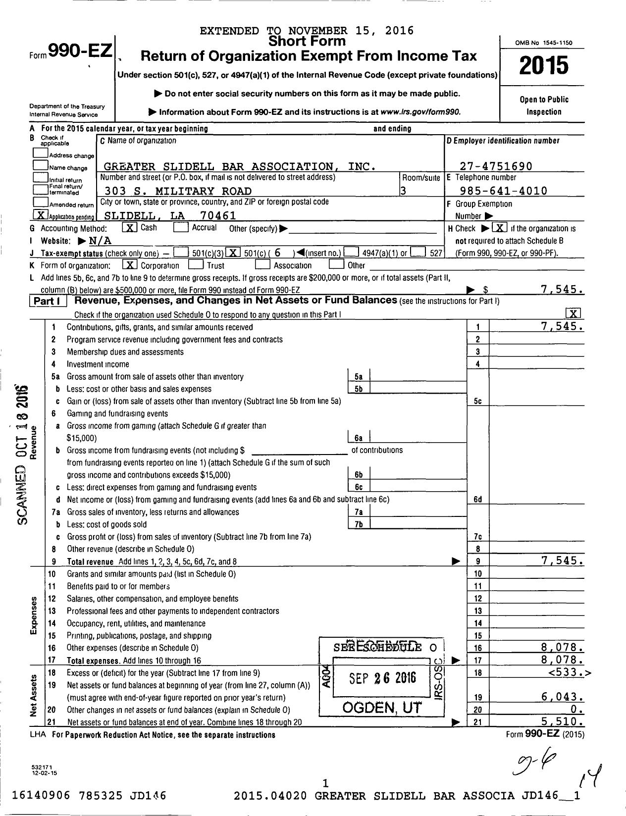 Image of first page of 2015 Form 990EO for Greater Slidell Bar Association